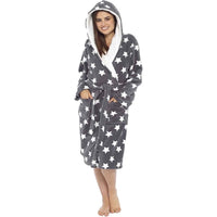 Women's Ultra Soft Plush Fleece Hooded Dressing Gown with Sherpa Lining Star Patterned Cozy Loungewear Nightwear Available in Sizes Small to X Large by Daisy Dreamer Robe