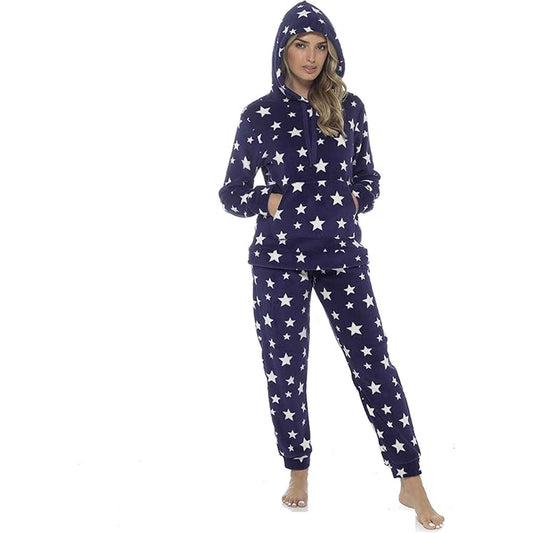 Women's Ultra-Soft Plush Fleece Hooded Pyjama Set with Star Design Cozy Nightwear Stretchable Loungewear Ideal Gift Multiple Sizes and Colors by Daisy Dreamer SMALL | UK 8-10 / NAVY Pyjamas