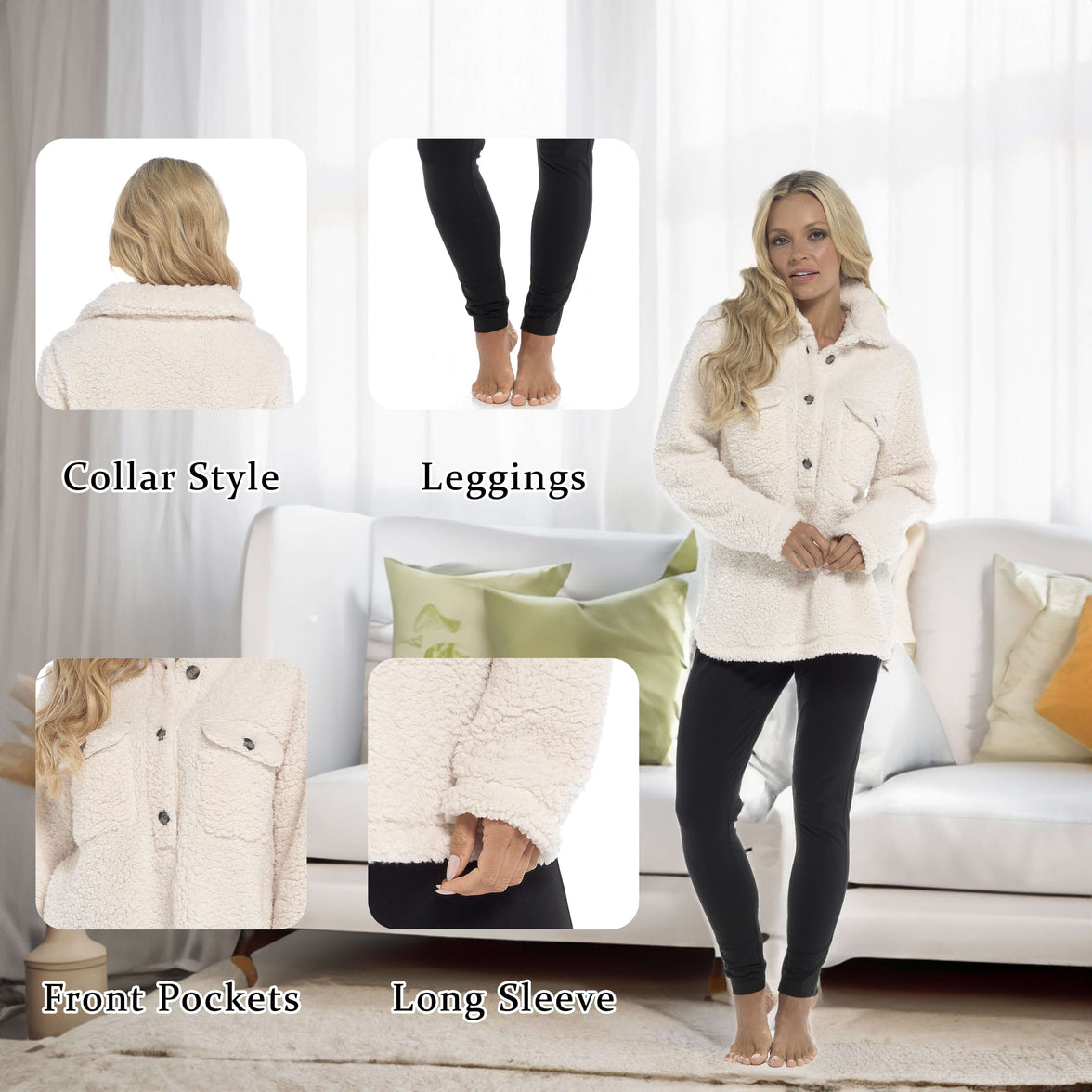 Women's Ultra-Soft Sherpa Lounge Set Long Sleeve Top and Leggings with Double Pockets Cozy Pajamas for Chilly Days Multiple Sizes Daisy Dreamer Pyjamas