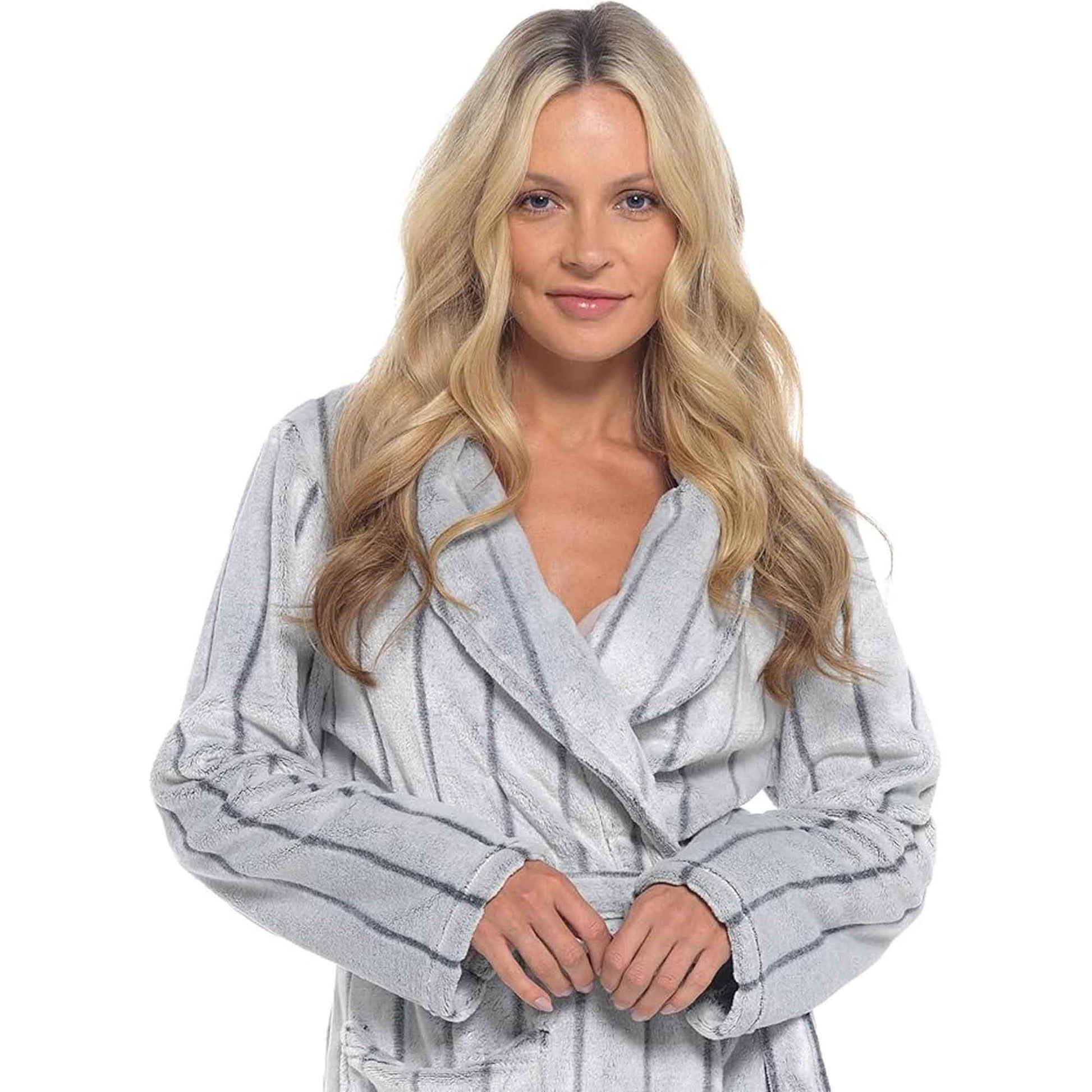 Women's Ultra Soft Velvet Fleece Hooded Bathrobe with Shawl Collar Shadow Stripe Design Grey and Charcoal All Sizes by Daisy Dreamer Robe