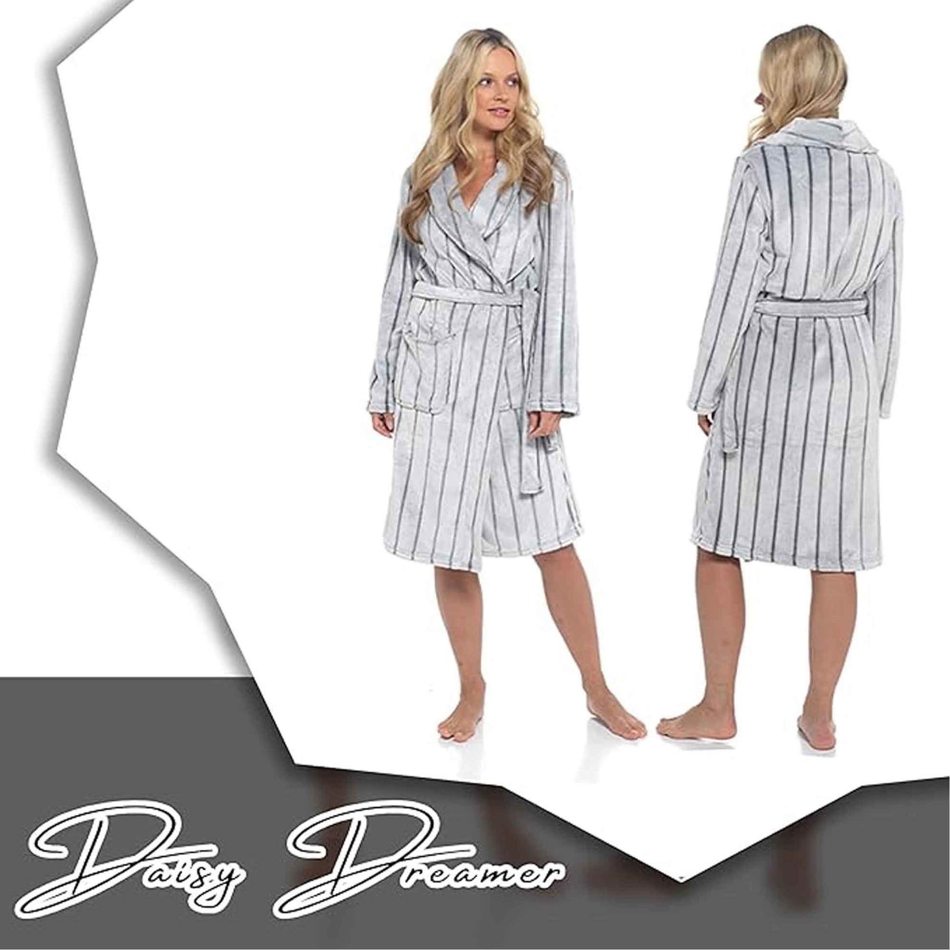 Women's Ultra Soft Velvet Fleece Hooded Bathrobe with Shawl Collar Shadow Stripe Design Grey and Charcoal All Sizes by Daisy Dreamer Robe