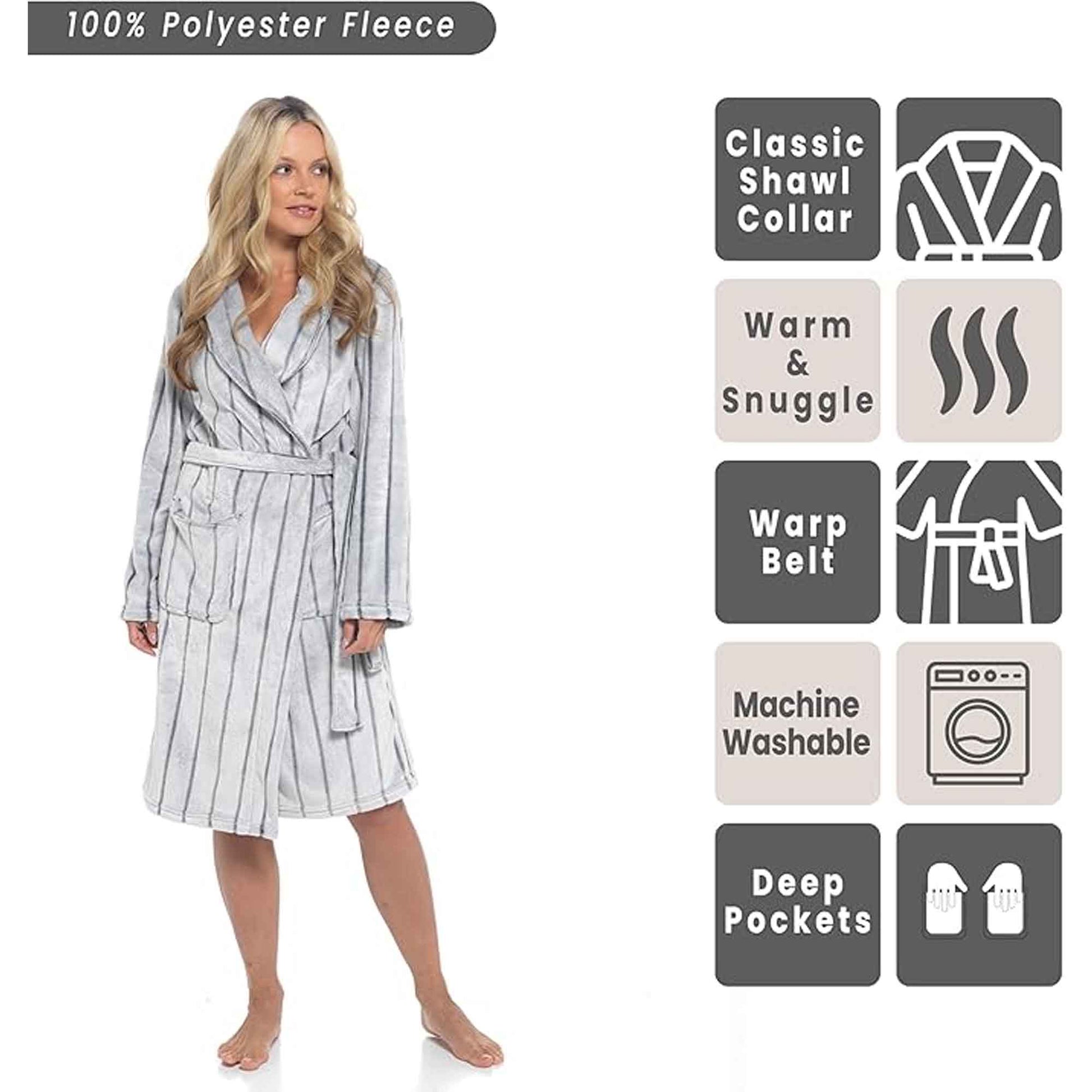 Women's Ultra Soft Velvet Fleece Hooded Bathrobe with Shawl Collar Shadow Stripe Design Grey and Charcoal All Sizes by Daisy Dreamer Robe