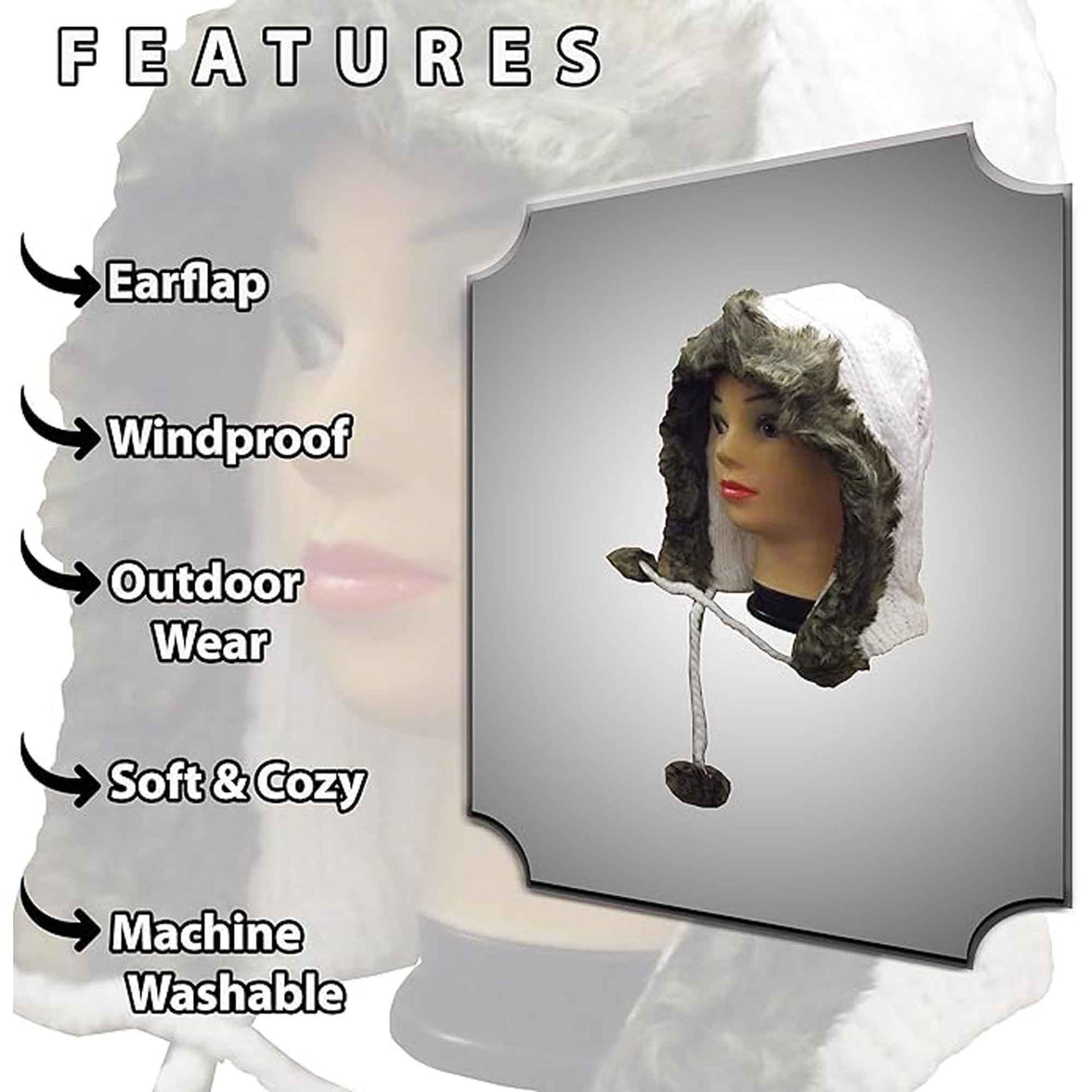 Women's Winter Chunky Knit Hood Hat with Faux Fur Trim and Pom Poms Warm Acrylic One Size Fits All in Cream Beige and Black by Sock Stack Hats