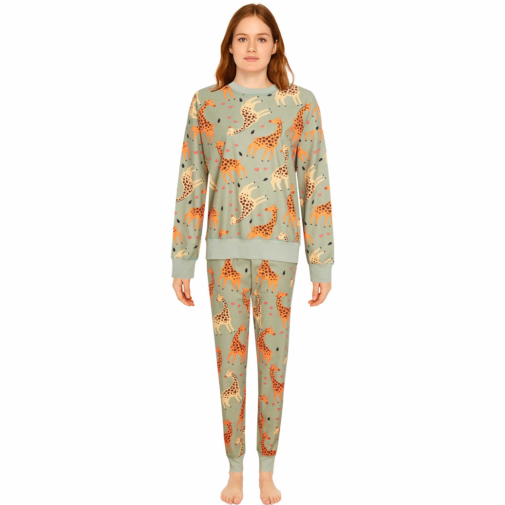 Womens Printed Fleece Pyjama Set Soft & Warm Sleepwear Loungewear Nightwear Long Sleeve Top Ladies Animal Print Pjs by Daisy Dreamer Giraffe / S Pyjama set