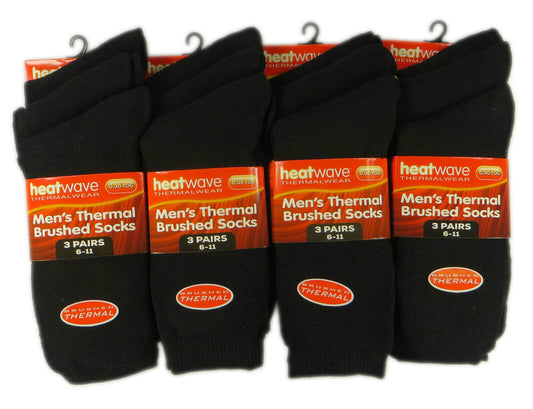 12 Pairs Mens Black Thermal Socks Warm Work Boot Socks Superior Insulation Cold Weather Double Brushed Advanced Knitting Technology Extra Warmth by Heatwave Thermalwear. Buy now for £10.00.
