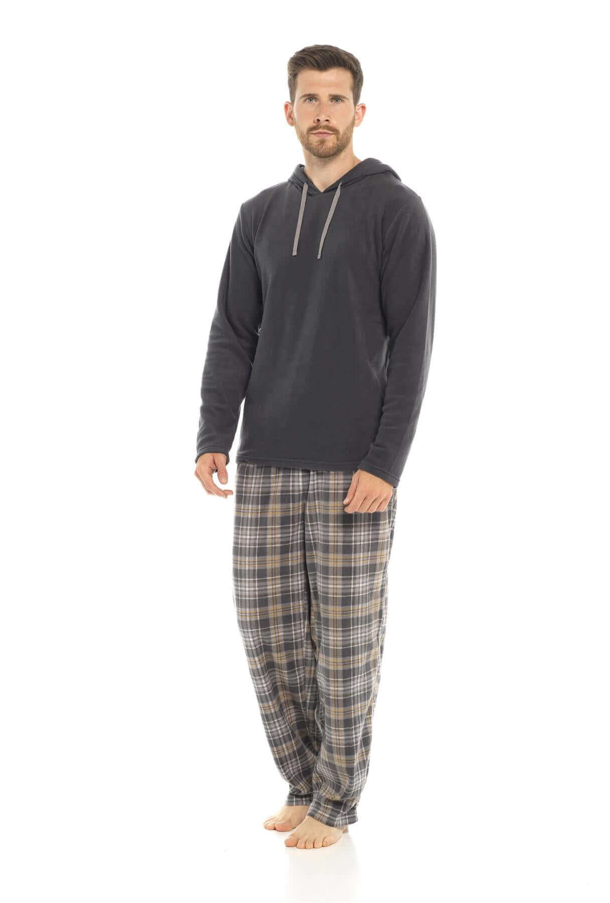 Men's Hooded Check Fleece Pyjama Set With Check Bottoms Warm Winter PJ Sets. Buy now for £20.00. A Pyjamas by Sock Stack. athletics, bottom, boys, charcoal, check, clothing, comfortable, fleece, fluffy, formal wear, grey, hooded, hoodie, hotel, indoor, la