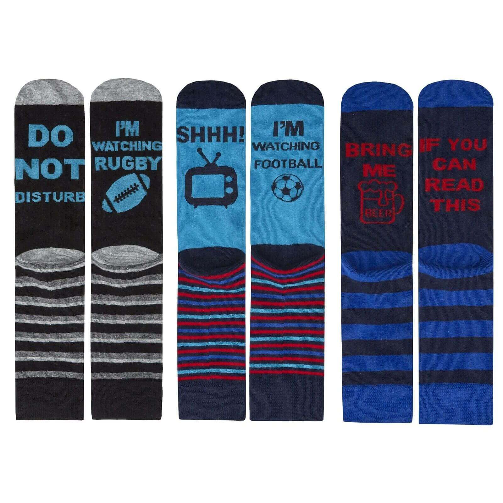 3 Pack Mens Novelty Slogan Socks Reinforced Heel Toe Cushioned Footbed Football Rugby Durable Cotton Assorted Styles Sock Stack. Buy now for £6.00.