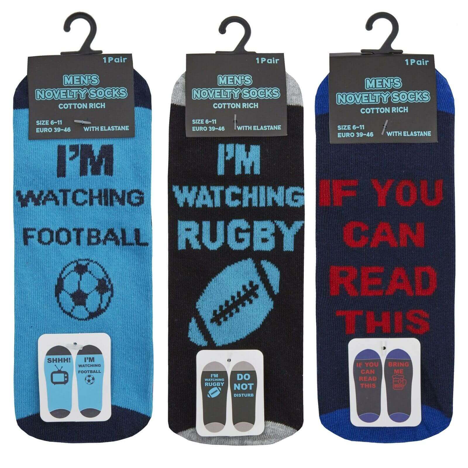 3 Pack Mens Novelty Slogan Socks Reinforced Heel Toe Cushioned Footbed Football Rugby Durable Cotton Assorted Styles Sock Stack. Buy now for £6.00.