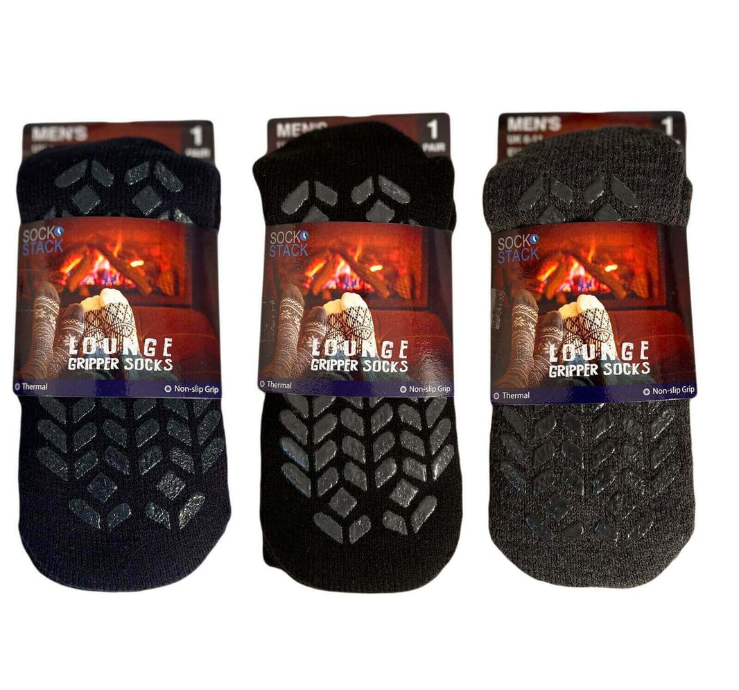3 Pairs Men's Thermal Lounge Non-Slip Slipper Socks Thick Fleece Winter Warm Home Footwear UK 6-11 by Sock Stack BLACK/NAVY/GREY / 6-11 Socks