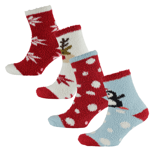 4 Pairs Ladies Christmas Slipper Socks Non-Skid Gripper Soles Winter Stocking Filler Gift Festive Rudolph Penguin Designs Sock Stack. Buy now for £7.00.