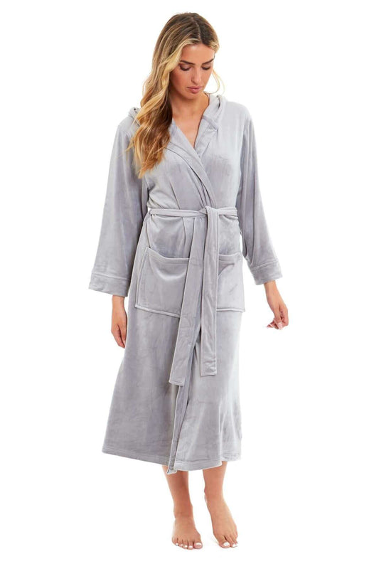 Women's Hooded Velour Robe Dressing Gown, Ladies Bath Robes Nightwear. Buy now for £20.00. A Robe by Daisy Dreamer. 12-14, 14-16, 16-18, 20-22, 8-10, bathrobe, Belted, bridesmaid, daisy dreamer, dressing, dressing gown, girls, gowns, grey, gym, hooded, ho