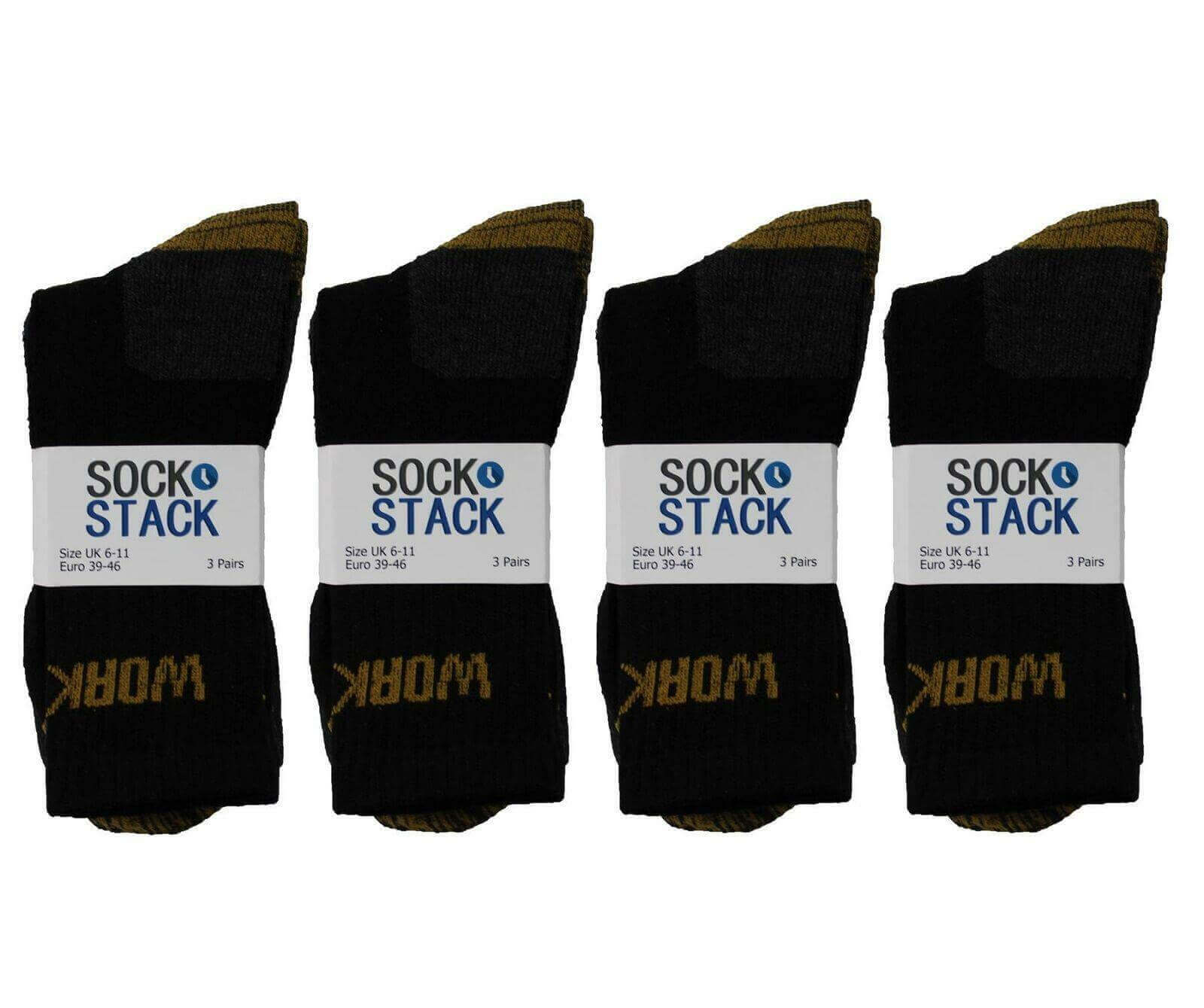 6 Pack Mens Heavy Duty Cushion Sole Work Socks Reinforced Toe and Heel Boot Socks for Construction and Outdoor Jobs Black Grey Yellow Size UK 6-11 EUR 39-45 by Sock Stack. Buy now for £7.00.