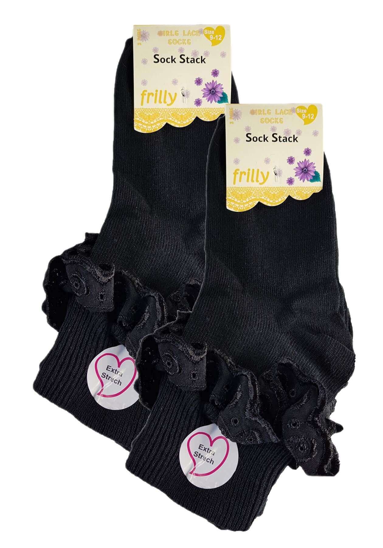 6 Pairs Girls Cotton Rich Frilly Ankle Socks Durable Breathable Sculpted Heels and Toes Multiple Sizes and Colours Perfect for School and Everyday Wear by Sock Stack. Buy now for £7.00.