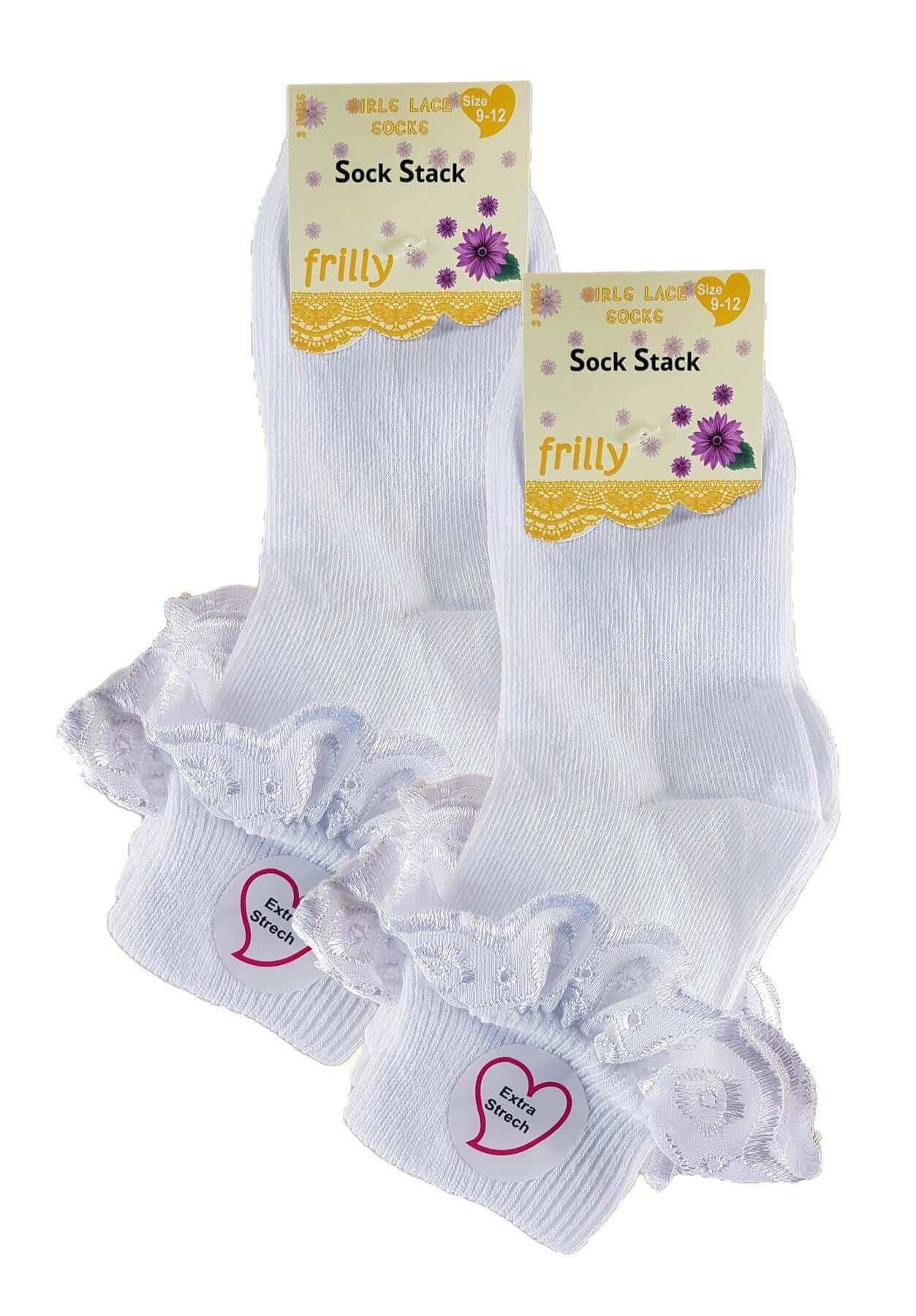 6 Pairs Girls Cotton Rich Frilly Ankle Socks Durable Breathable Sculpted Heels and Toes Multiple Sizes and Colours Perfect for School and Everyday Wear by Sock Stack. Buy now for £7.00.