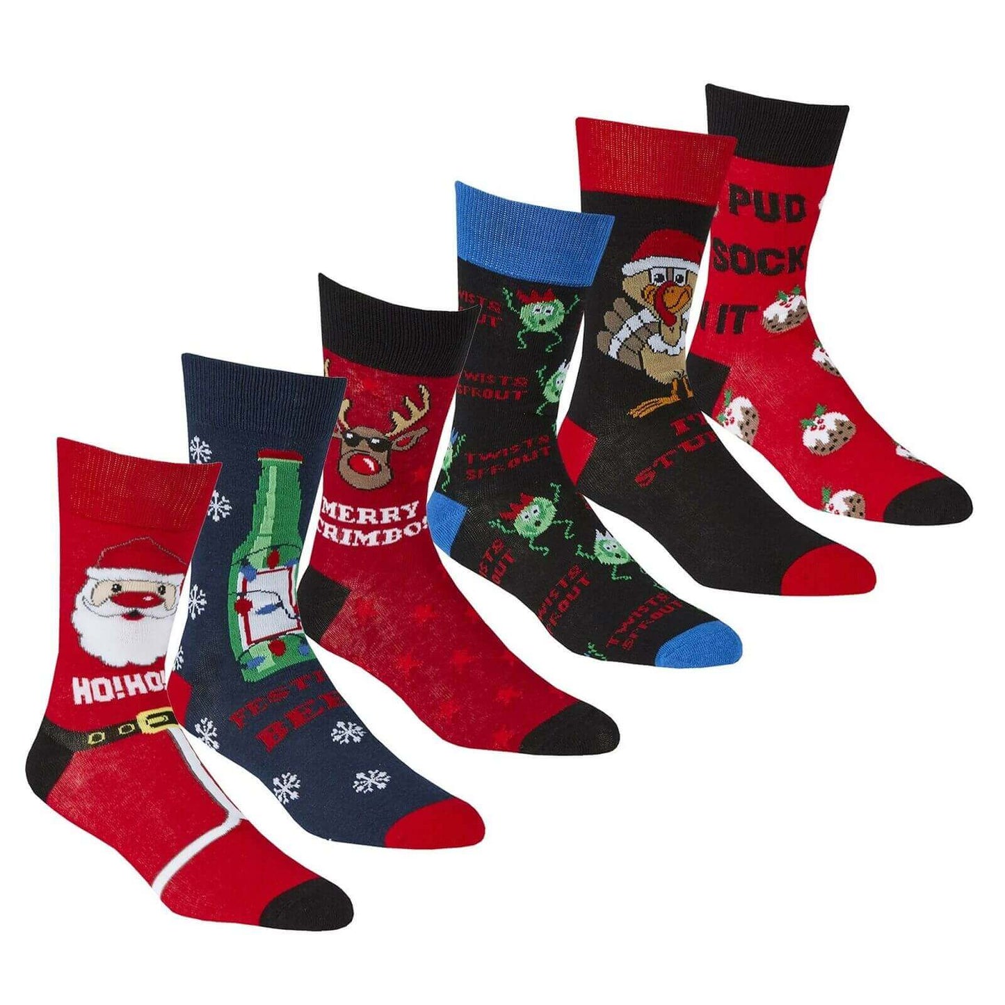 6 Pairs Men's Christmas Socks Collection Novelty Festive Designs Cotton Rich Santa Rudolph Beer Xmas Pudding Comfortable Holiday Socks by Sock Stack UK 6-11 EUR 39-45. Buy now for £10.00.