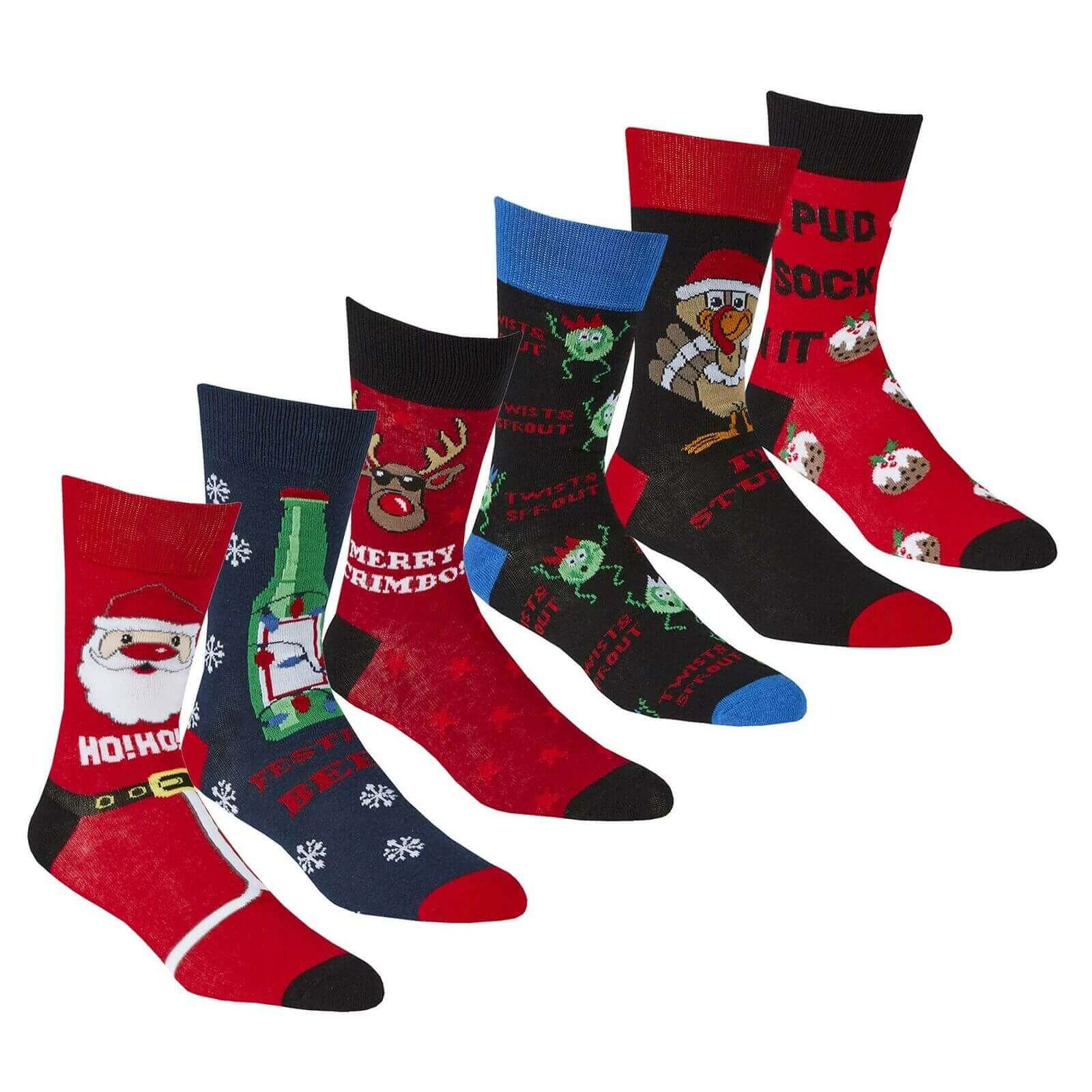 6 Pairs Men's Christmas Socks Collection Novelty Festive Designs Cotton Rich Santa Rudolph Beer Xmas Pudding Comfortable Holiday Socks by Sock Stack UK 6-11 EUR 39-45. Buy now for £10.00.