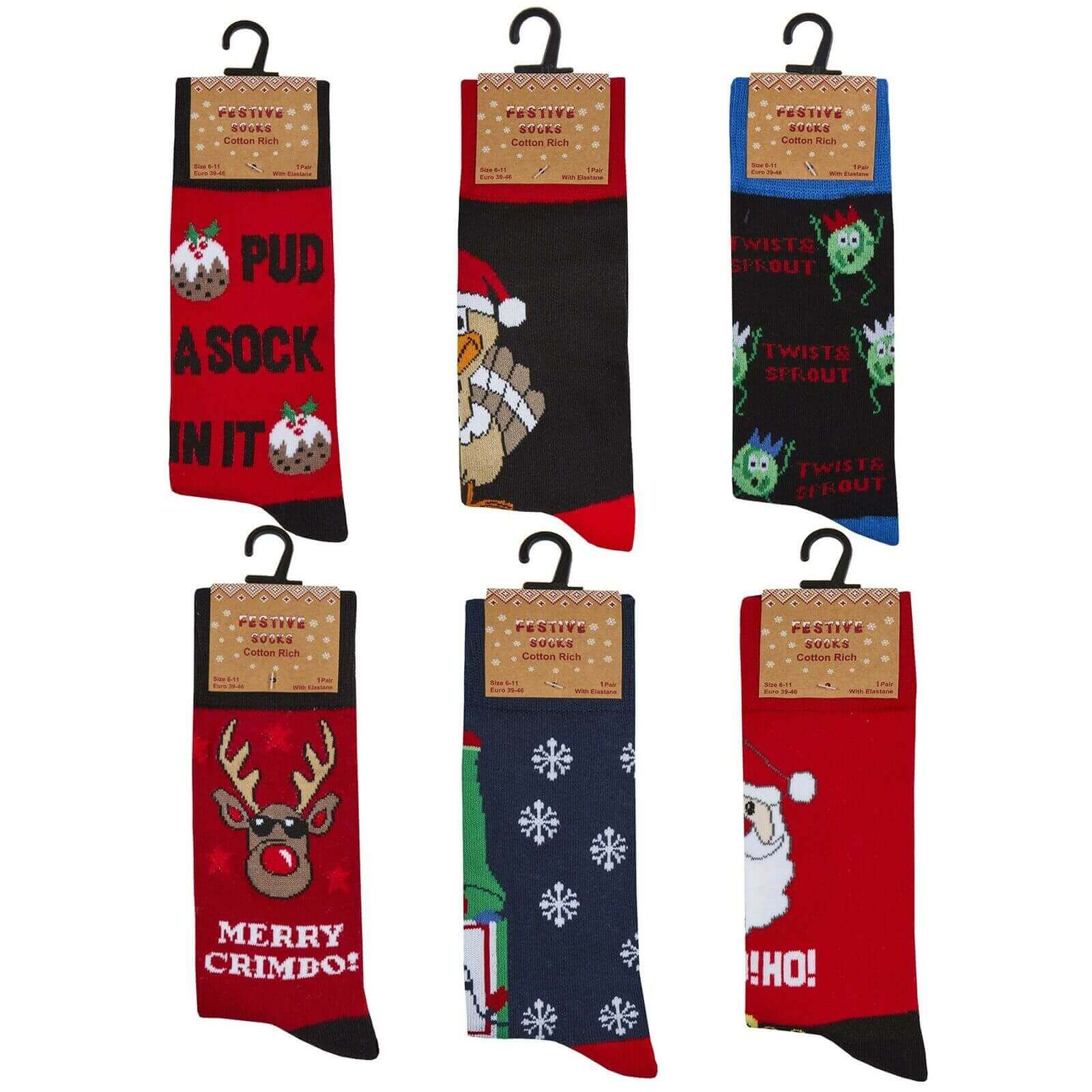 6 Pairs Men's Christmas Socks Collection Novelty Festive Designs Cotton Rich Santa Rudolph Beer Xmas Pudding Comfortable Holiday Socks by Sock Stack UK 6-11 EUR 39-45. Buy now for £10.00.