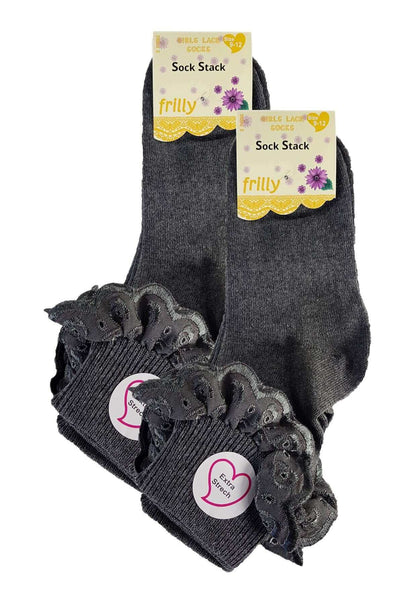 6 Pairs Girls Cotton Rich Frilly Ankle Socks Durable Breathable Sculpted Heels and Toes Multiple Sizes and Colours Perfect for School and Everyday Wear by Sock Stack GREY / 6-8 Socks