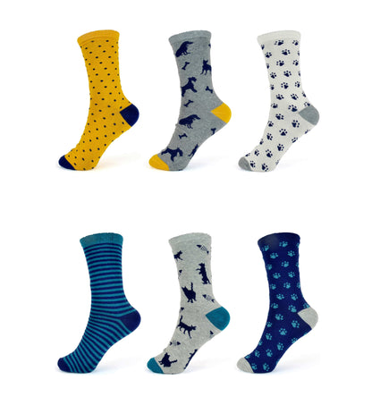 6 Pairs Women's Cotton Rich Socks Fun Designs Stripes Dots Leopard Fox Dog Cat Prints UK 4-7 Breathable Durable by Sock Stack CATS & DOGS (SS256) / UK 4-7 Socks