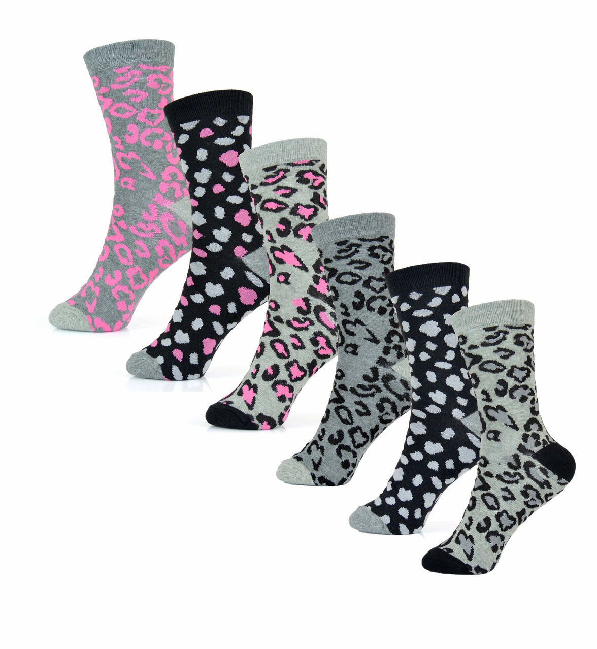 6 Pairs Women's Cotton Rich Socks Fun Designs Stripes Dots Leopard Fox Dog Cat Prints UK 4-7 Breathable Durable by Sock Stack LEOPARD (SS534) / UK 4-7 Socks