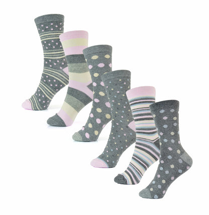 6 Pairs Women's Cotton Rich Socks Fun Designs Stripes Dots Leopard Fox Dog Cat Prints UK 4-7 Breathable Durable by Sock Stack SPOTS & STRIPES (SS533) / UK 4-7 Socks