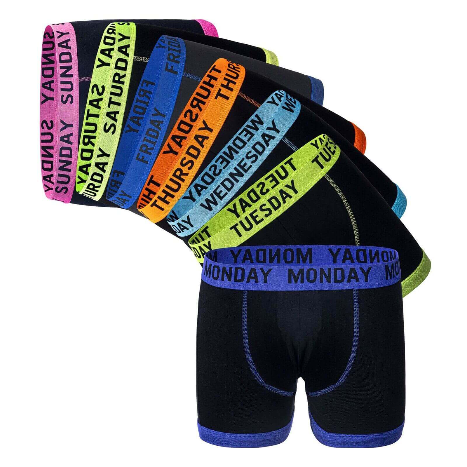 7 Pack Boys Cotton Rich Underwear Trunks Boxer Shorts Comfortable Waistband Soft Stretchy Fabric Fun Days of the Week Design Sizes 5-13 Years Assorted Colours by Sock Stack. Buy now for £12.00.