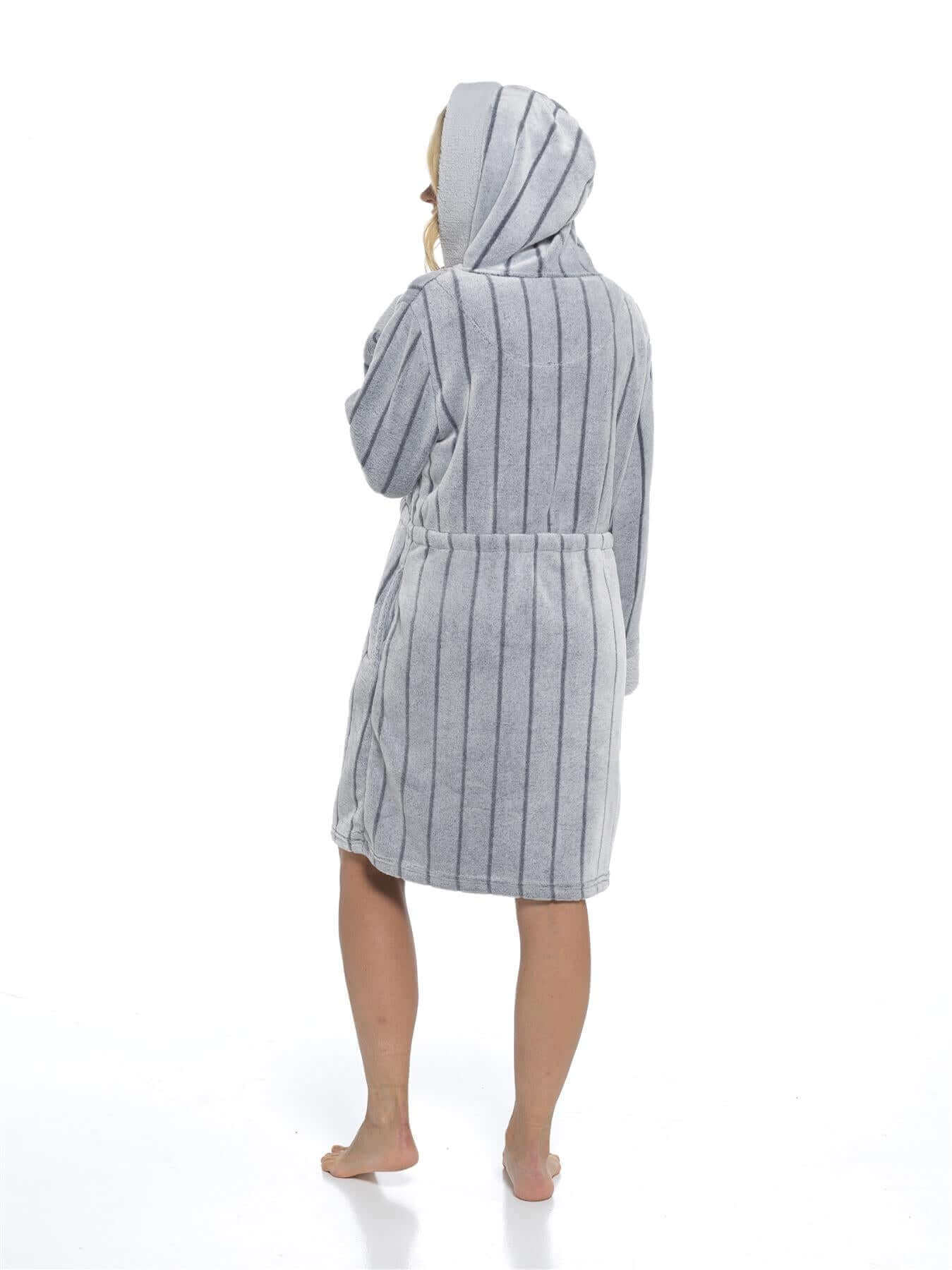 Women's Shadow Stripe Shawl Collar Robe, Bath Robes Super Soft Dressing Gown. Buy now for £20.00. A Robe by Sock Stack. bath robe, clothing, comfortable, dressing, dressing gown, fleece, fluffy, girls, grey, grey stripes, hooded, hooded robe, ladies, larg