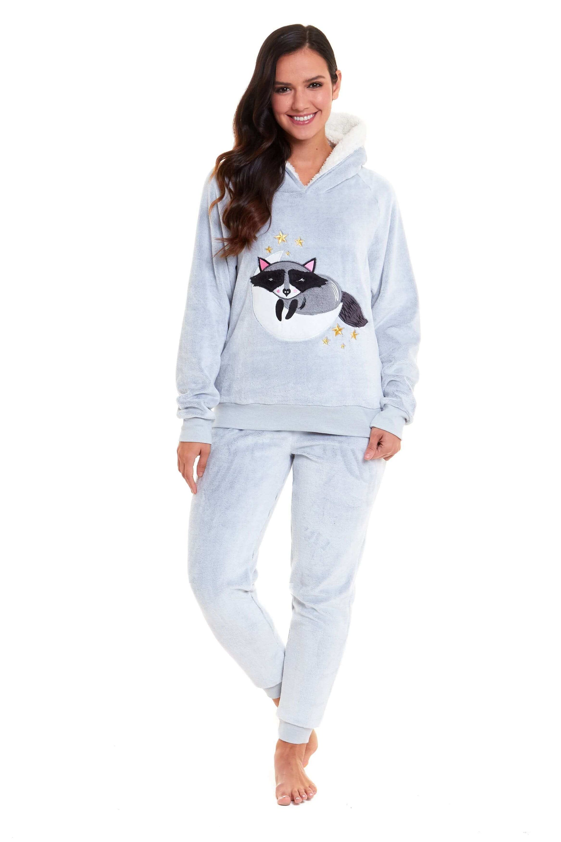 Cuddly Raccoon Fleece Hooded Pyjama Set for Women and Girls Super Soft Sherpa Lined Nightwear Ideal Mother Daughter Gift Cosy Boutique by Daisy Dreamer. Buy now for £15.00.