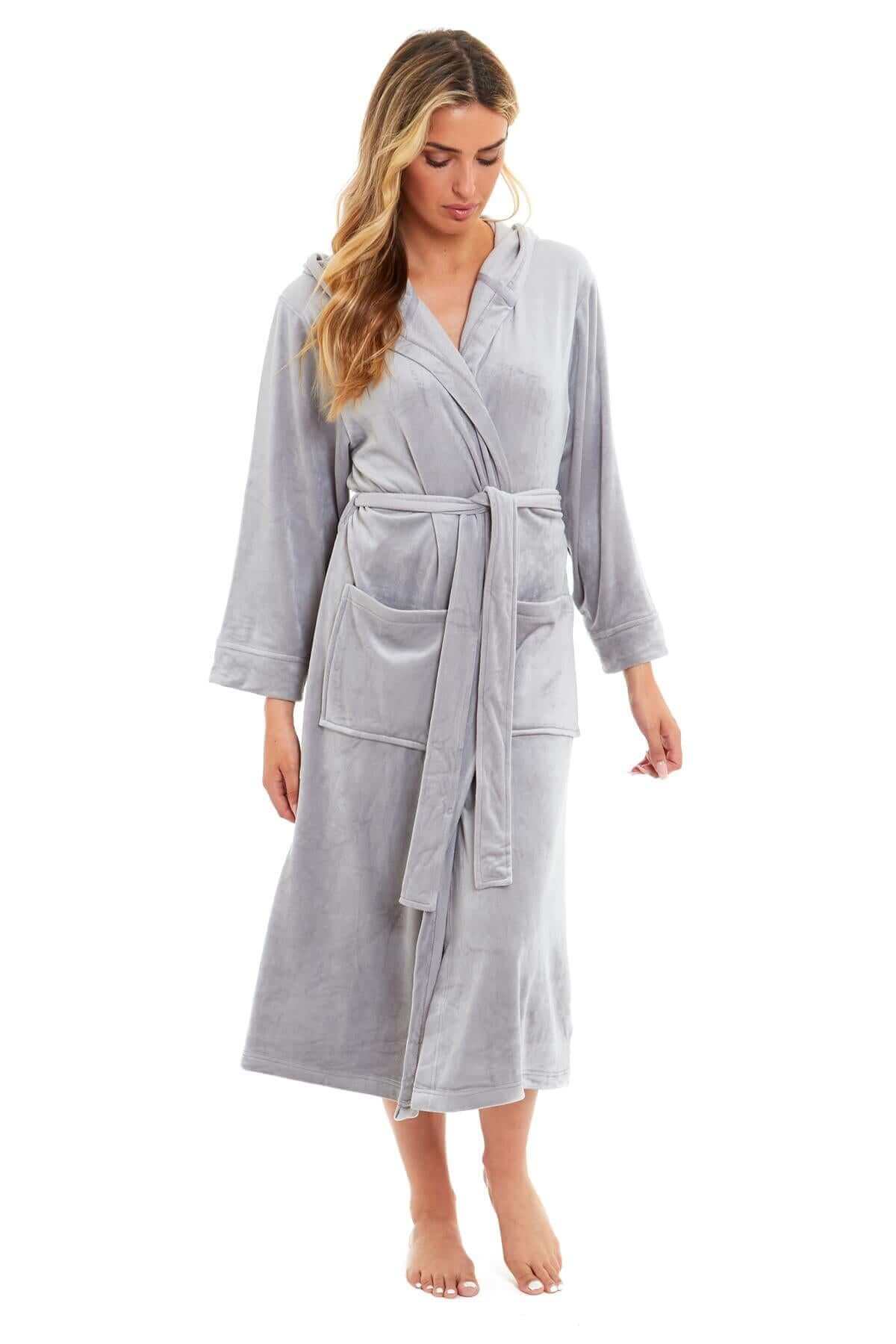 Elegant Women's Hooded Velour Robe Ultra-Soft Luxurious Bathrobe Perfect for Lounging Spa and Gym in Pink and Grey Adjustable Fit Multiple Sizes by Daisy Dreamer. Buy now for £20.00.