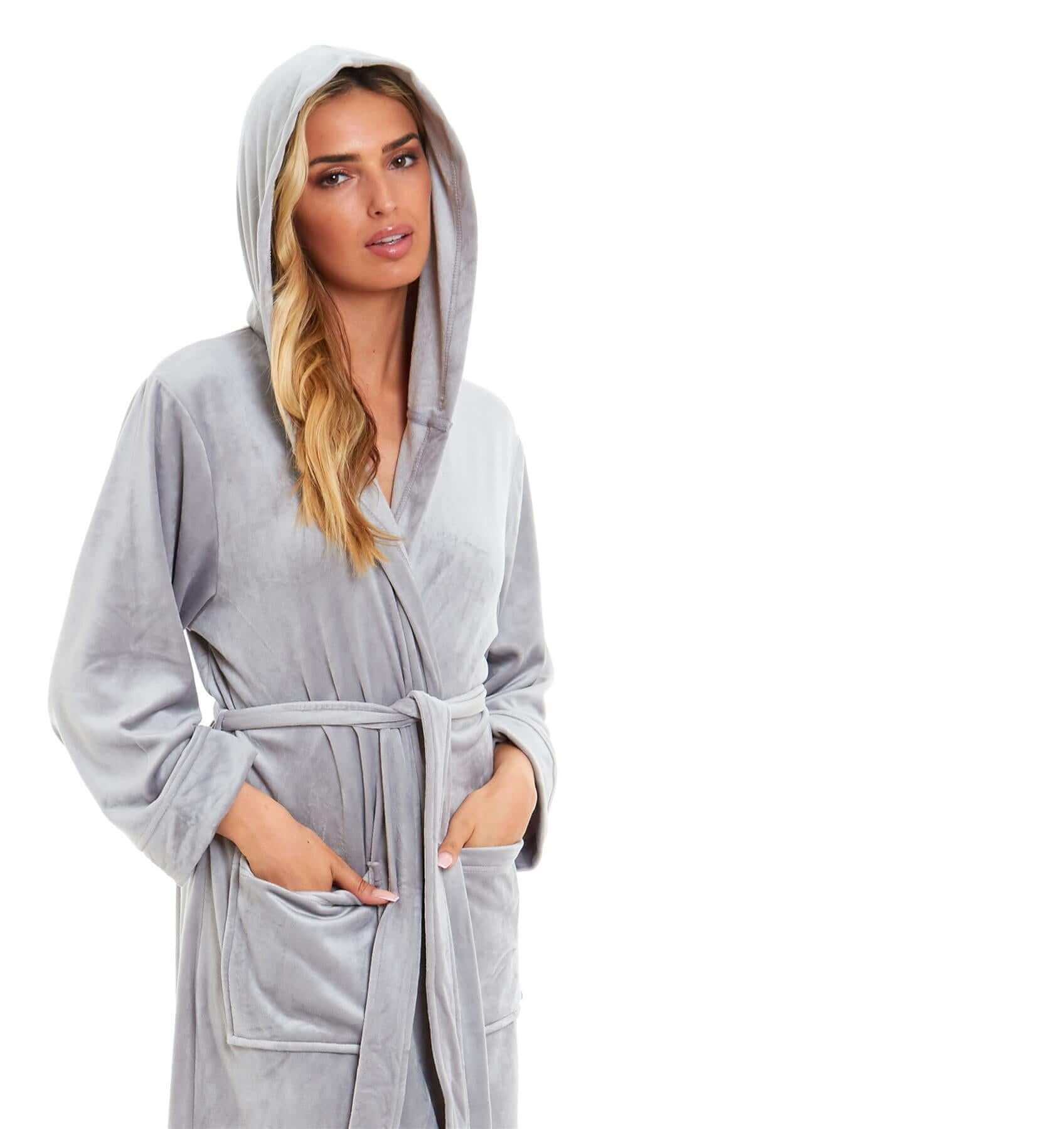 Elegant Women's Hooded Velour Robe Ultra-Soft Luxurious Bathrobe Perfect for Lounging Spa and Gym in Pink and Grey Adjustable Fit Multiple Sizes by Daisy Dreamer. Buy now for £20.00.