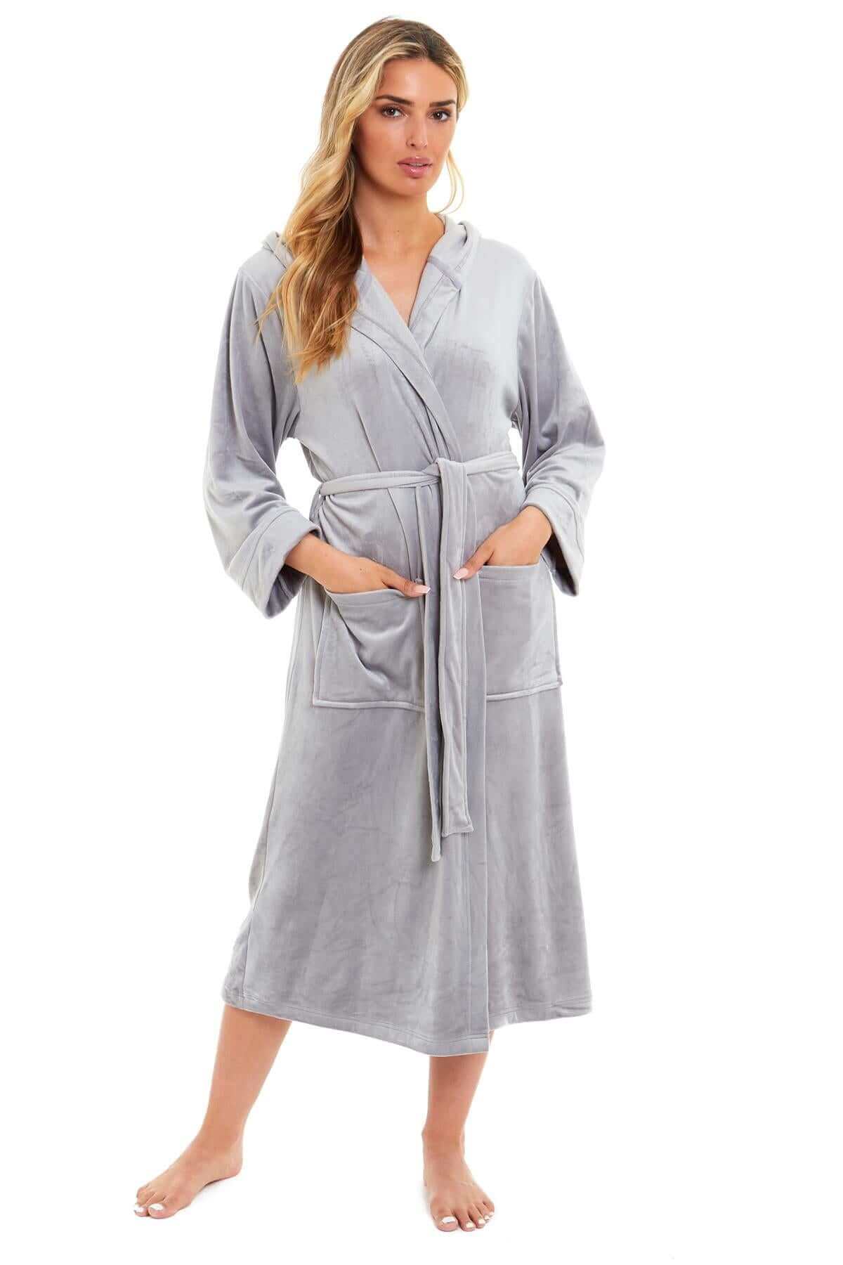 Elegant Women's Hooded Velour Robe Ultra-Soft Luxurious Bathrobe Perfect for Lounging Spa and Gym in Pink and Grey Adjustable Fit Multiple Sizes by Daisy Dreamer. Buy now for £20.00.