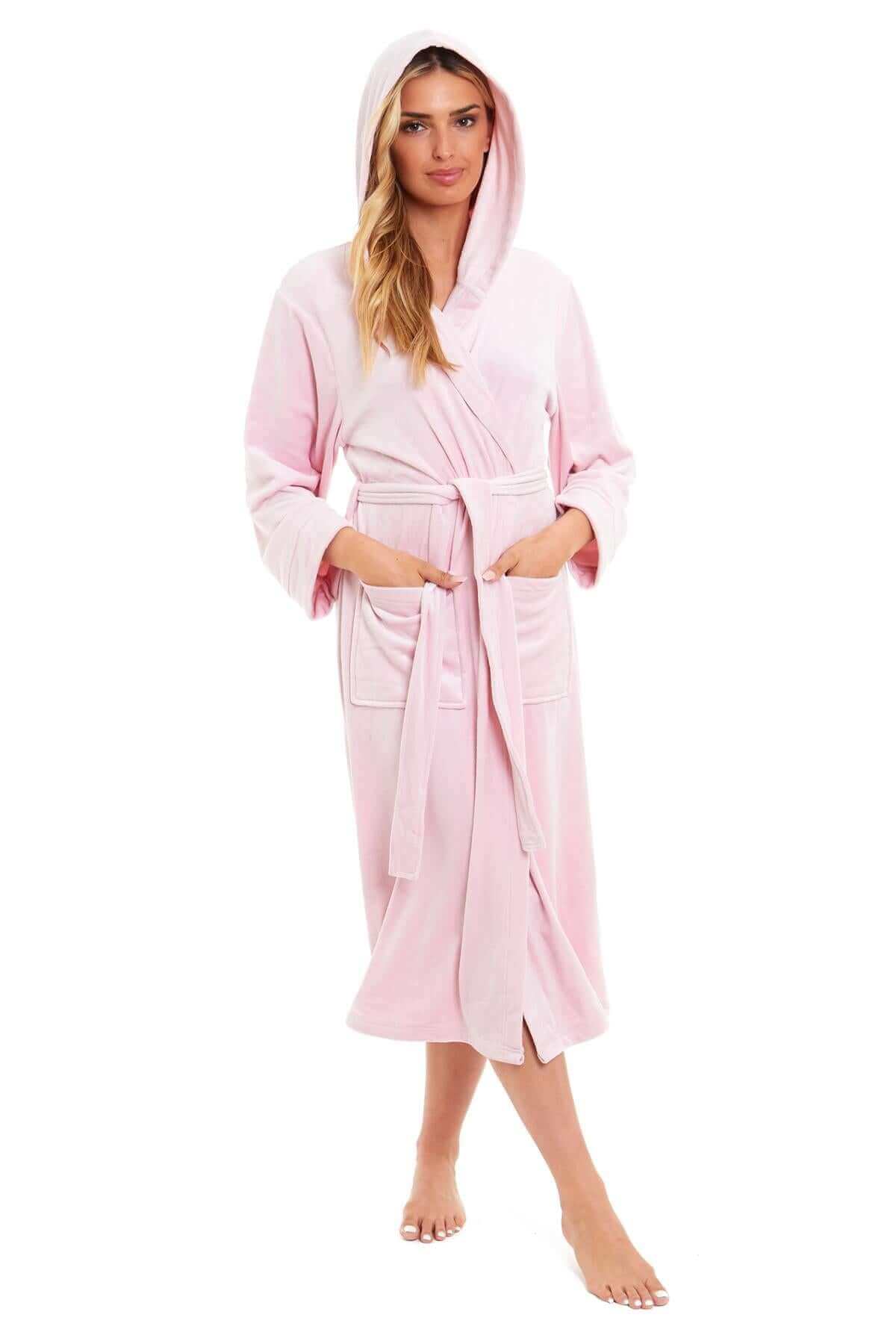 Elegant Women's Hooded Velour Robe Ultra-Soft Luxurious Bathrobe Perfect for Lounging Spa and Gym in Pink and Grey Adjustable Fit Multiple Sizes by Daisy Dreamer. Buy now for £20.00.