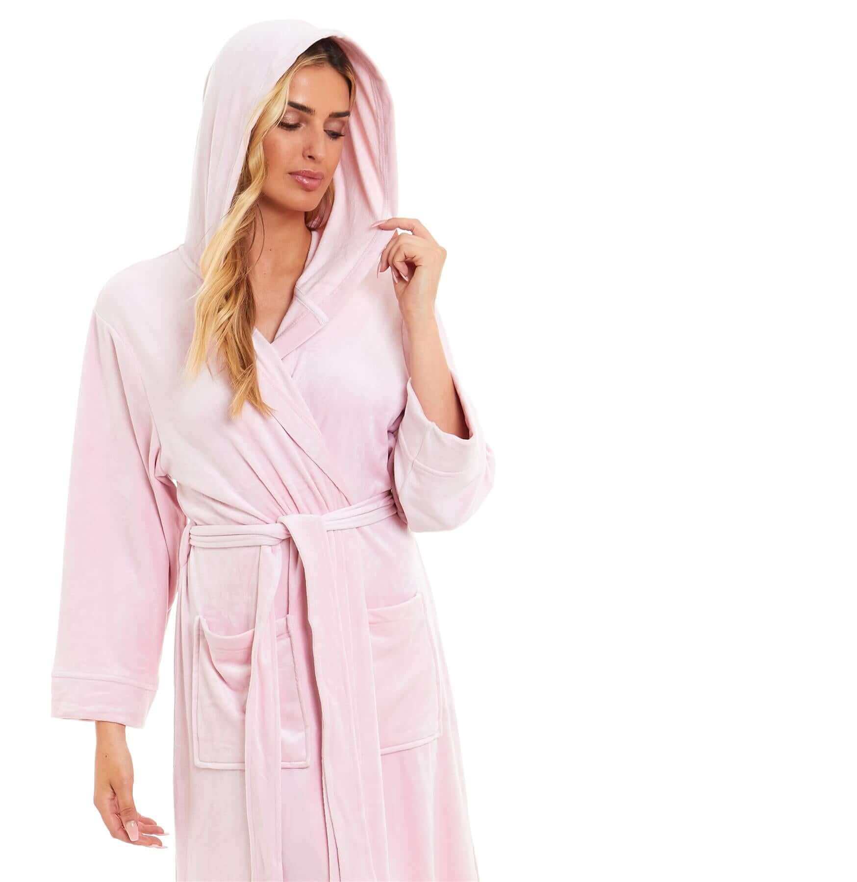 Elegant Women's Hooded Velour Robe Ultra-Soft Luxurious Bathrobe Perfect for Lounging Spa and Gym in Pink and Grey Adjustable Fit Multiple Sizes by Daisy Dreamer. Buy now for £20.00.