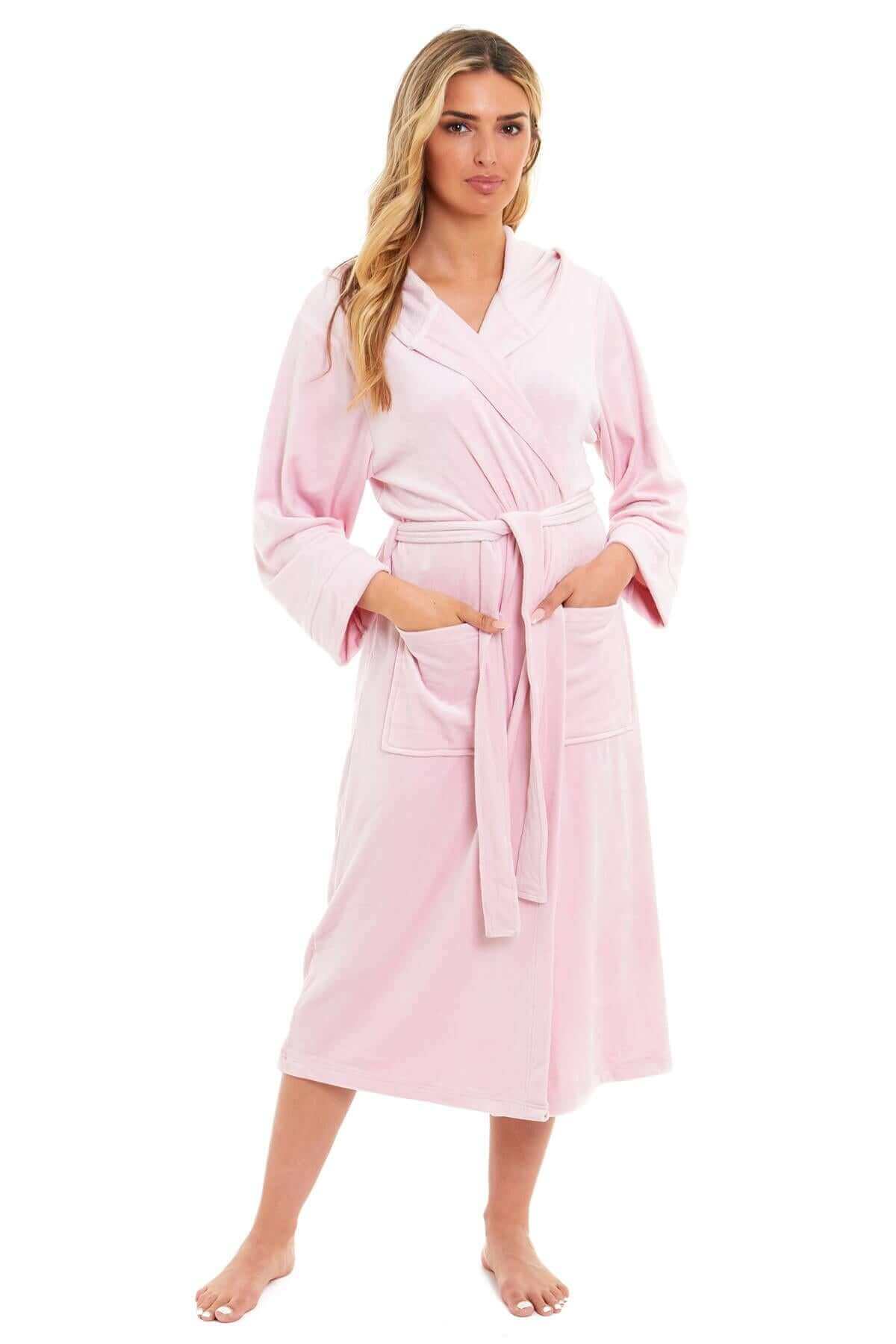Elegant Women's Hooded Velour Robe Ultra-Soft Luxurious Bathrobe Perfect for Lounging Spa and Gym in Pink and Grey Adjustable Fit Multiple Sizes by Daisy Dreamer. Buy now for £20.00.