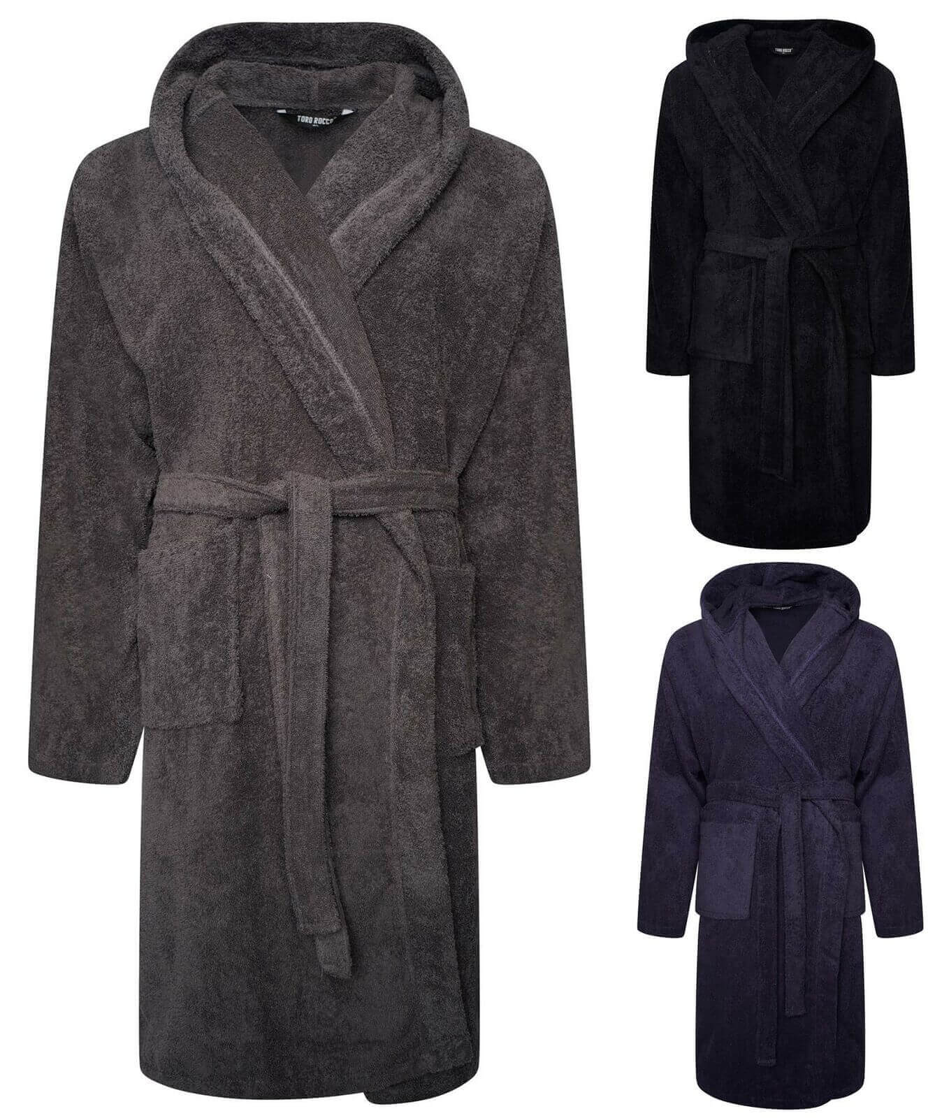 Hooded Mens Bathrobe Super Soft Terry Towelling Ultra Absorbing Flannel Black Navy Charcoal Long Pile Ideal for Shower Spa Home Gym Hotel by Daisy Dreamer. Buy now for £15.00.
