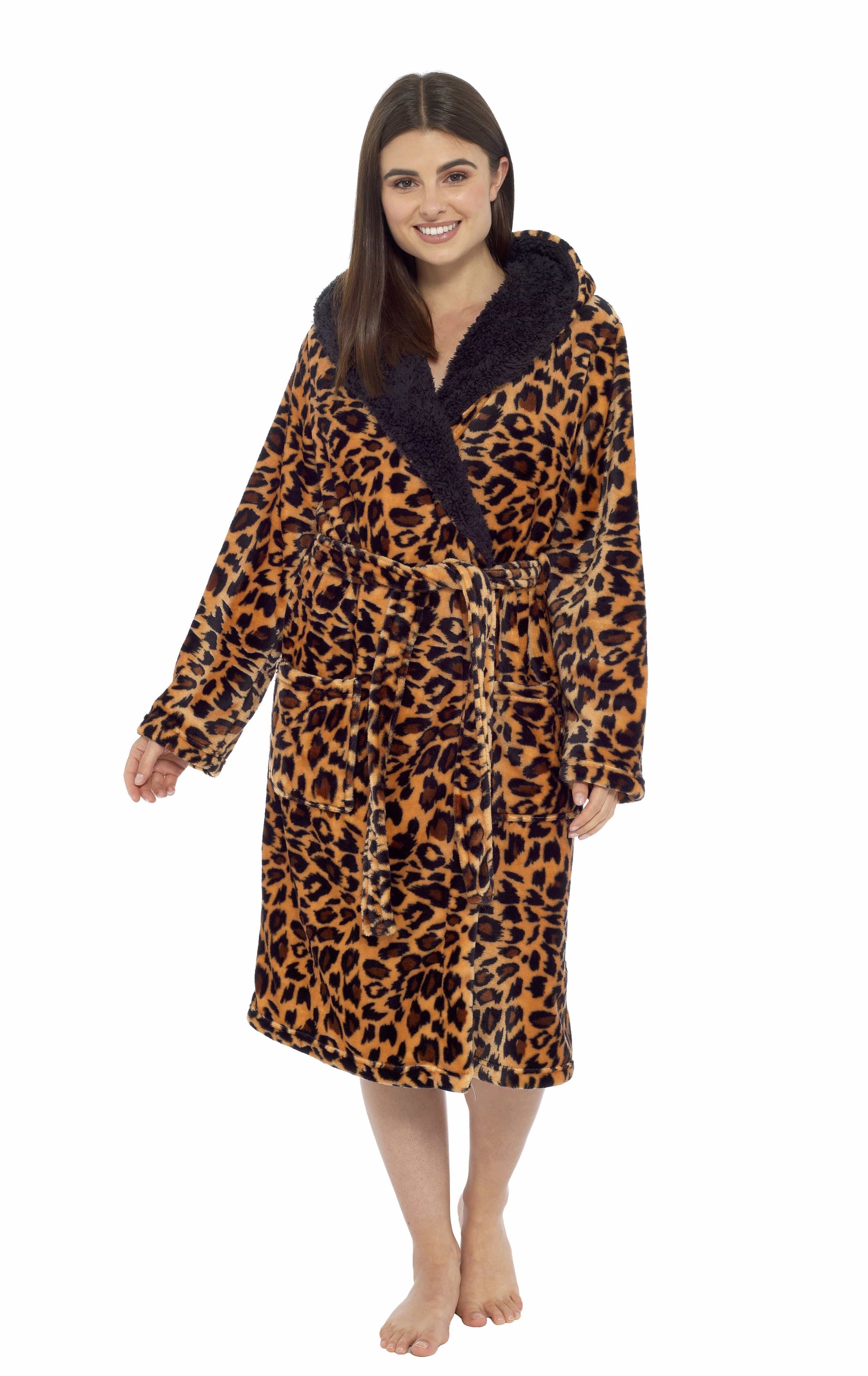 Leopard Print Plush Fleece Hooded Bath Robe with Sherpa Fur by Daisy Dreamer Women's Ultra-Soft Cozy Loungewear in Small Medium Large X-Large. Buy now for £20.00.