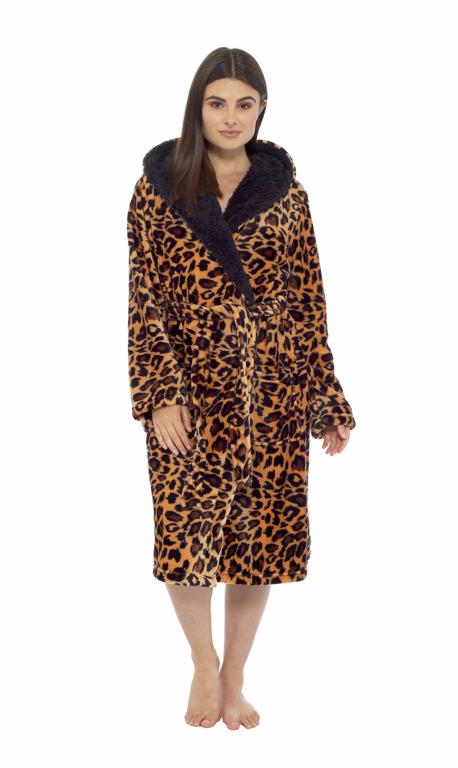 Leopard Print Plush Fleece Hooded Bath Robe with Sherpa Fur by Daisy Dreamer Women's Ultra-Soft Cozy Loungewear in Small Medium Large X-Large. Buy now for £20.00.