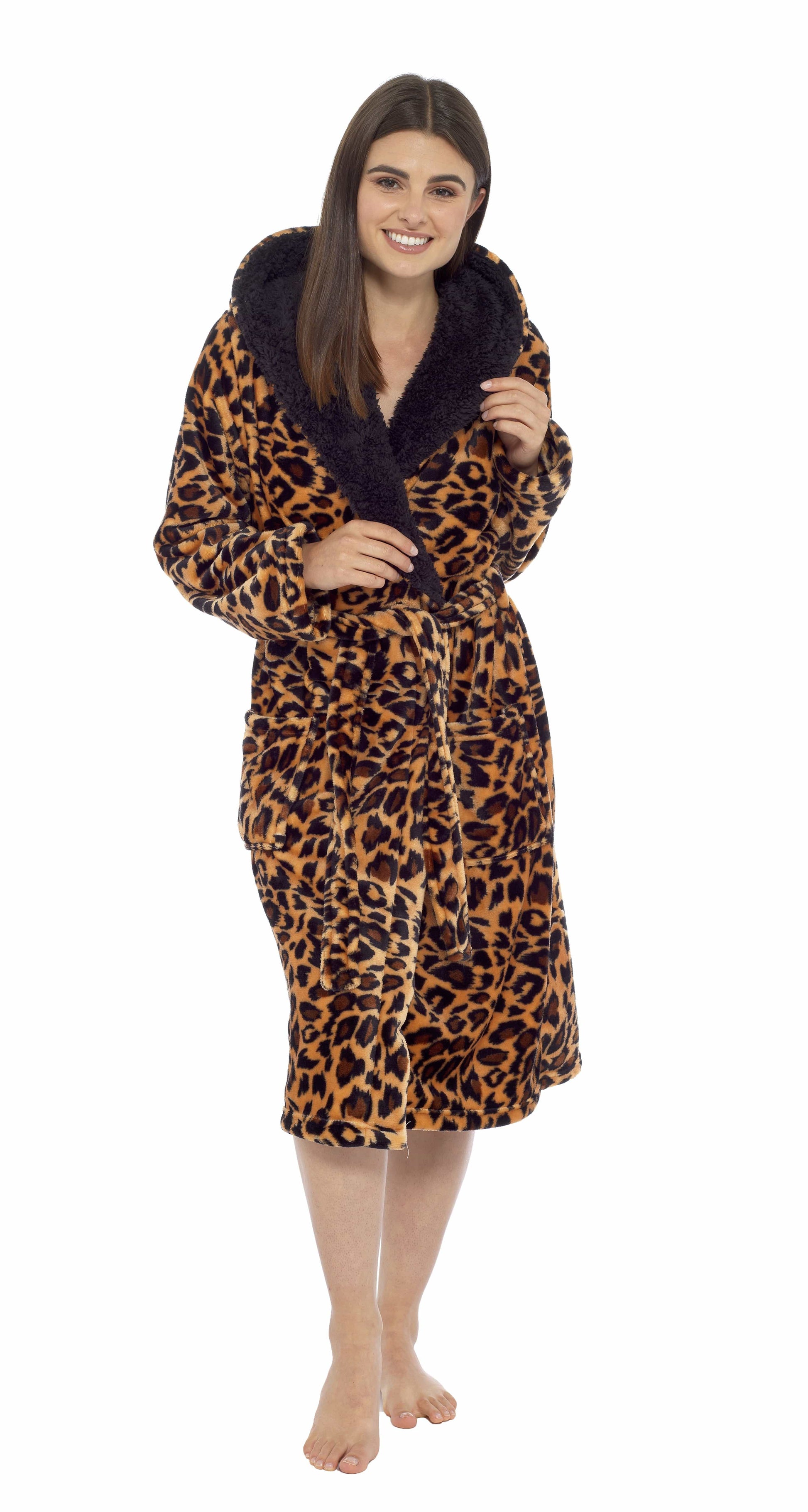 Leopard Print Plush Fleece Hooded Bath Robe with Sherpa Fur by Daisy Dreamer Women's Ultra-Soft Cozy Loungewear in Small Medium Large X-Large. Buy now for £20.00.