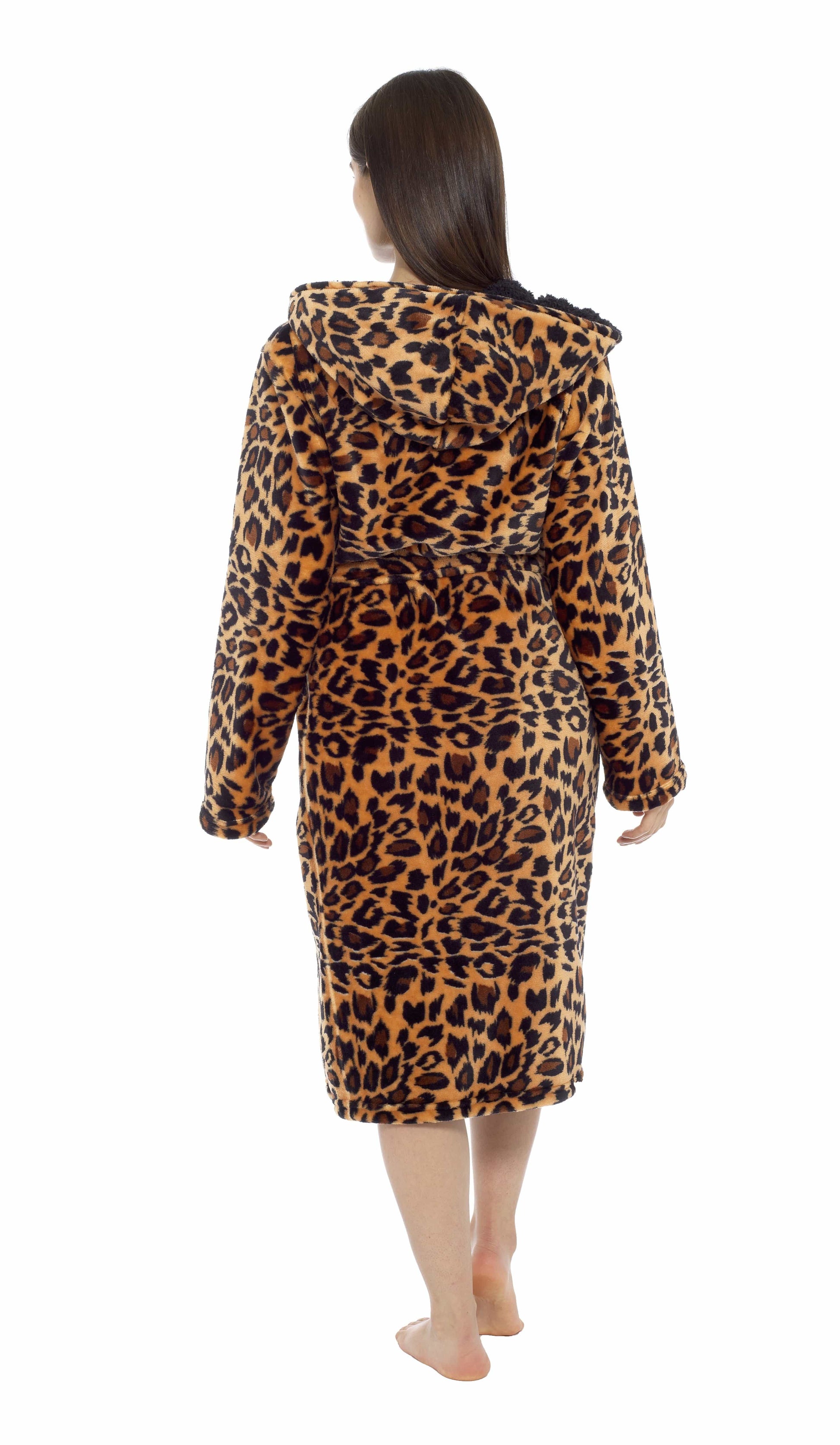 Leopard Print Plush Fleece Hooded Bath Robe with Sherpa Fur by Daisy Dreamer Women's Ultra-Soft Cozy Loungewear in Small Medium Large X-Large. Buy now for £20.00.