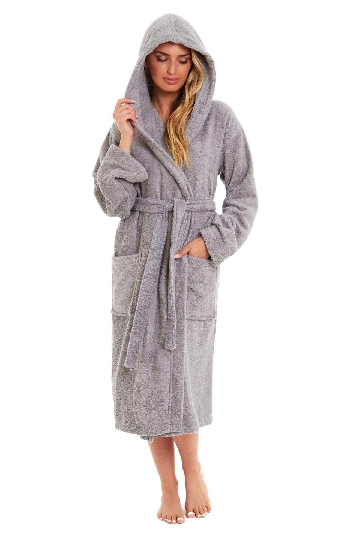 Luxurious Women's Bamboo Hooded Dressing Gown Ultra Absorbent Soft Towelling Robe for Spa Gym Home in Grey or White Sizes S to XL Daisy Dreamer. Buy now for £20.00.