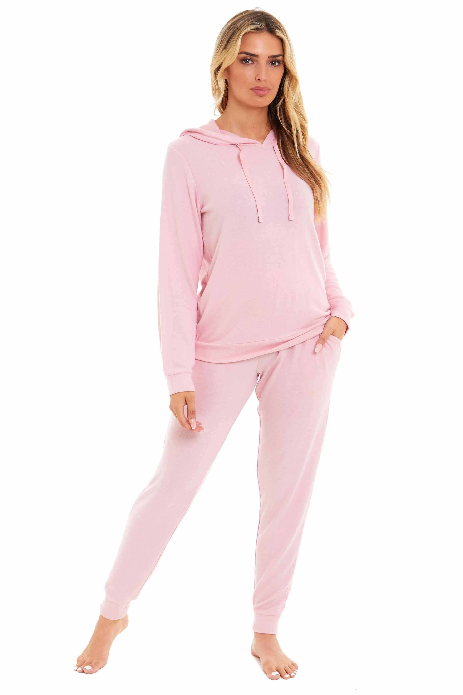 Luxurious Womens Pink Grey Cosy Hooded Pyjama Set Soft Comfortable Stretchable Loungewear Long Sleeve Hoodie and Pants Ideal Gift Daisy Dreamer. Buy now for £20.00.