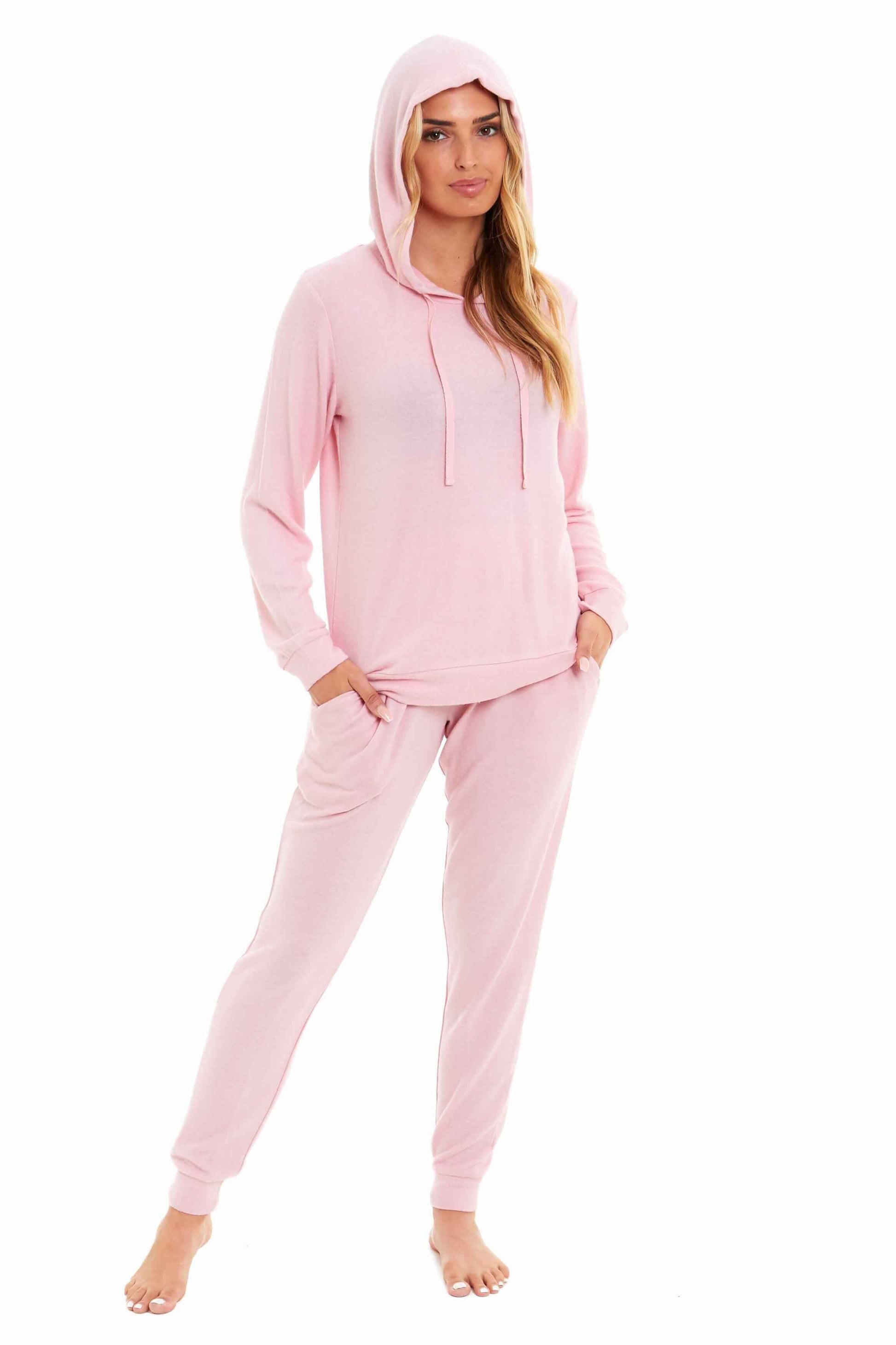 Luxurious Womens Pink Grey Cosy Hooded Pyjama Set Soft Comfortable Stretchable Loungewear Long Sleeve Hoodie and Pants Ideal Gift Daisy Dreamer. Buy now for £20.00.