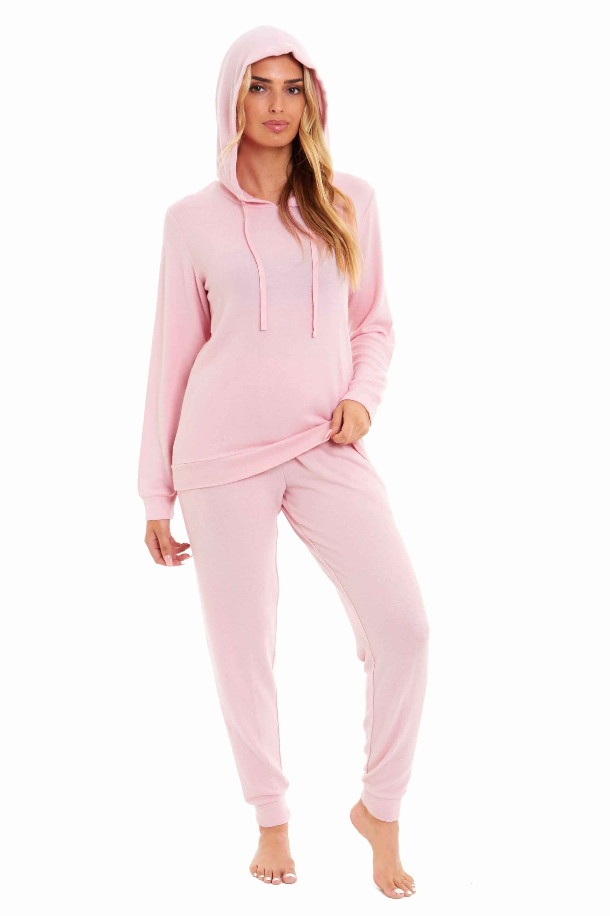 Luxurious Womens Pink Grey Cosy Hooded Pyjama Set Soft Comfortable Stretchable Loungewear Long Sleeve Hoodie and Pants Ideal Gift Daisy Dreamer. Buy now for £20.00.