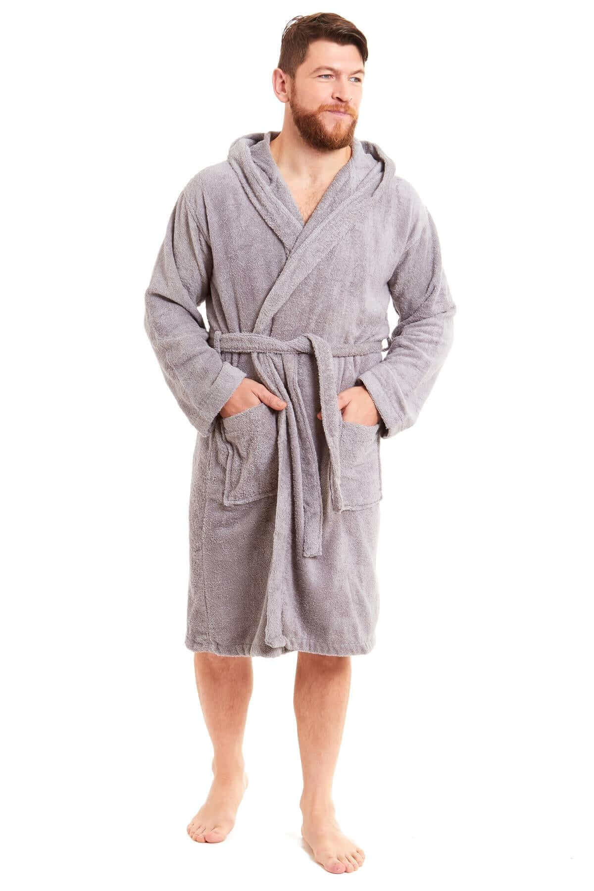 Men's Bamboo Hooded Bath Robe Ultra Absorbent Towelling Dressing Gown for Hotels Gyms Spas with Soft Breathable Cotton Blend Quick Dry Grey White by Sock Stack. Buy now for £20.00.