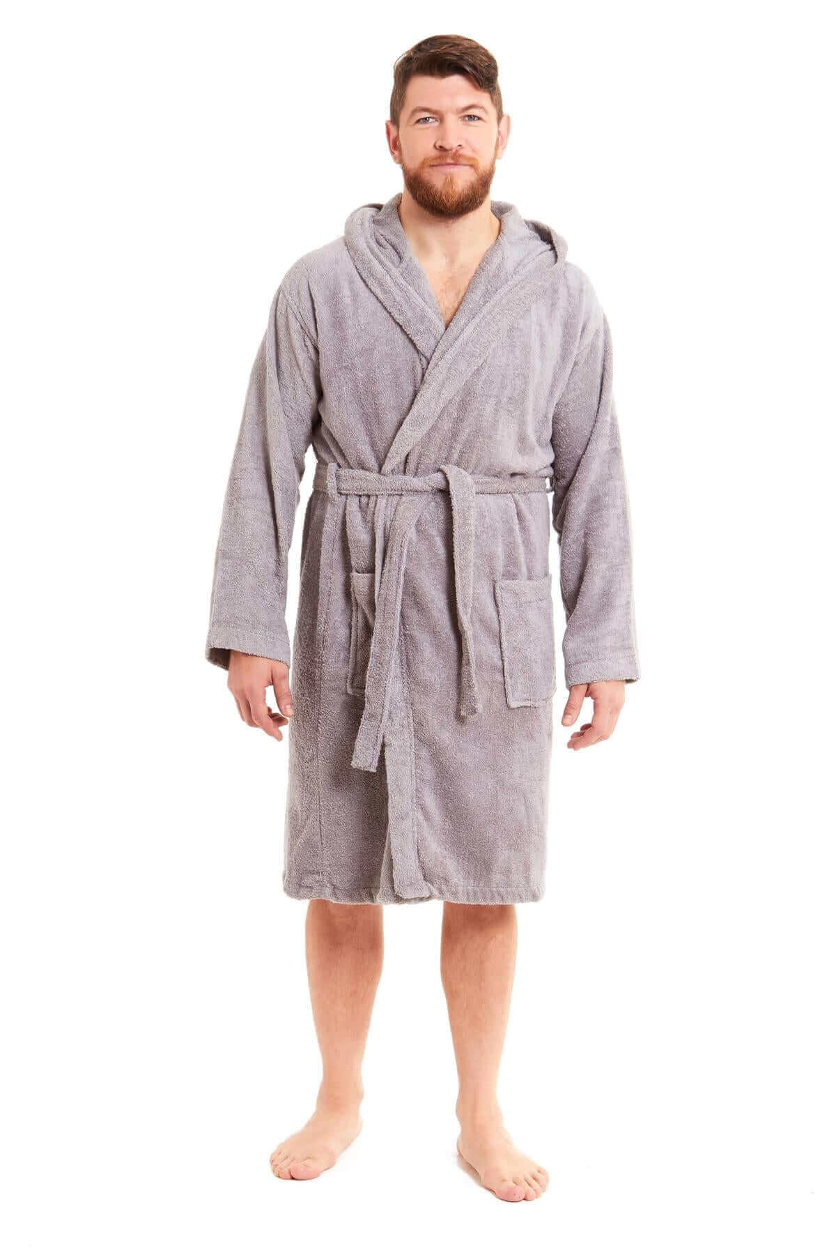 Men's Bamboo Hooded Bath Robe Ultra Absorbent Towelling Dressing Gown for Hotels Gyms Spas with Soft Breathable Cotton Blend Quick Dry Grey White by Sock Stack. Buy now for £20.00.