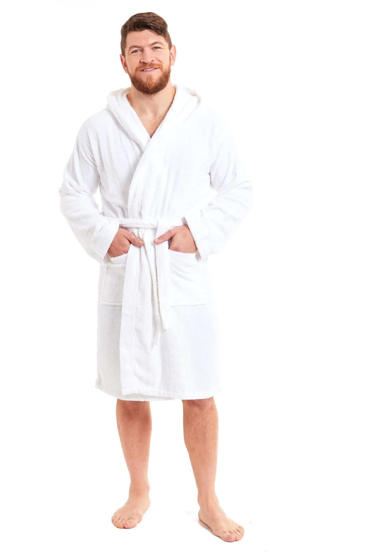 Men's Bamboo Hooded Bath Robe Ultra Absorbent Towelling Dressing Gown for Hotels Gyms Spas with Soft Breathable Cotton Blend Quick Dry Grey White by Sock Stack. Buy now for £20.00.