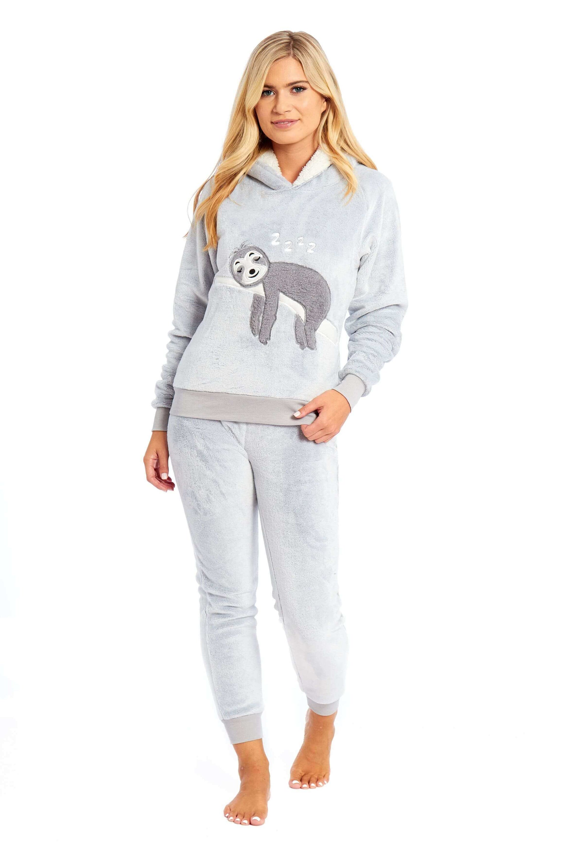 Mother Daughter Matching Sloth Hooded Fleece Pyjamas Plush Flannel Twosie Loungewear with Sherpa Lining Multiple Sizes Cozy Embroidered Sloth Design by Daisy Dreamer. Buy now for £15.00.