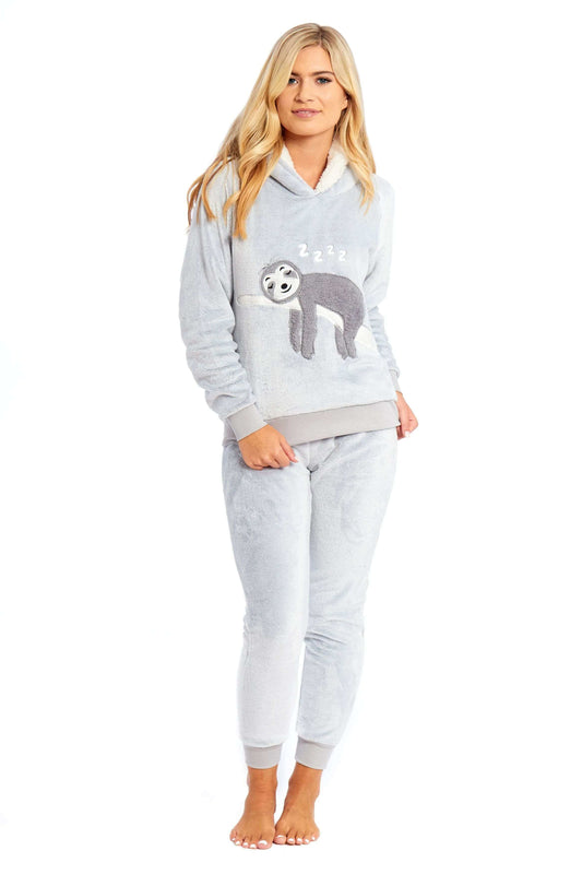 Mother Daughter Matching Sloth Hooded Fleece Pyjamas Plush Flannel Twosie Loungewear with Sherpa Lining Multiple Sizes Cozy Embroidered Sloth Design by Daisy Dreamer. Buy now for £15.00.