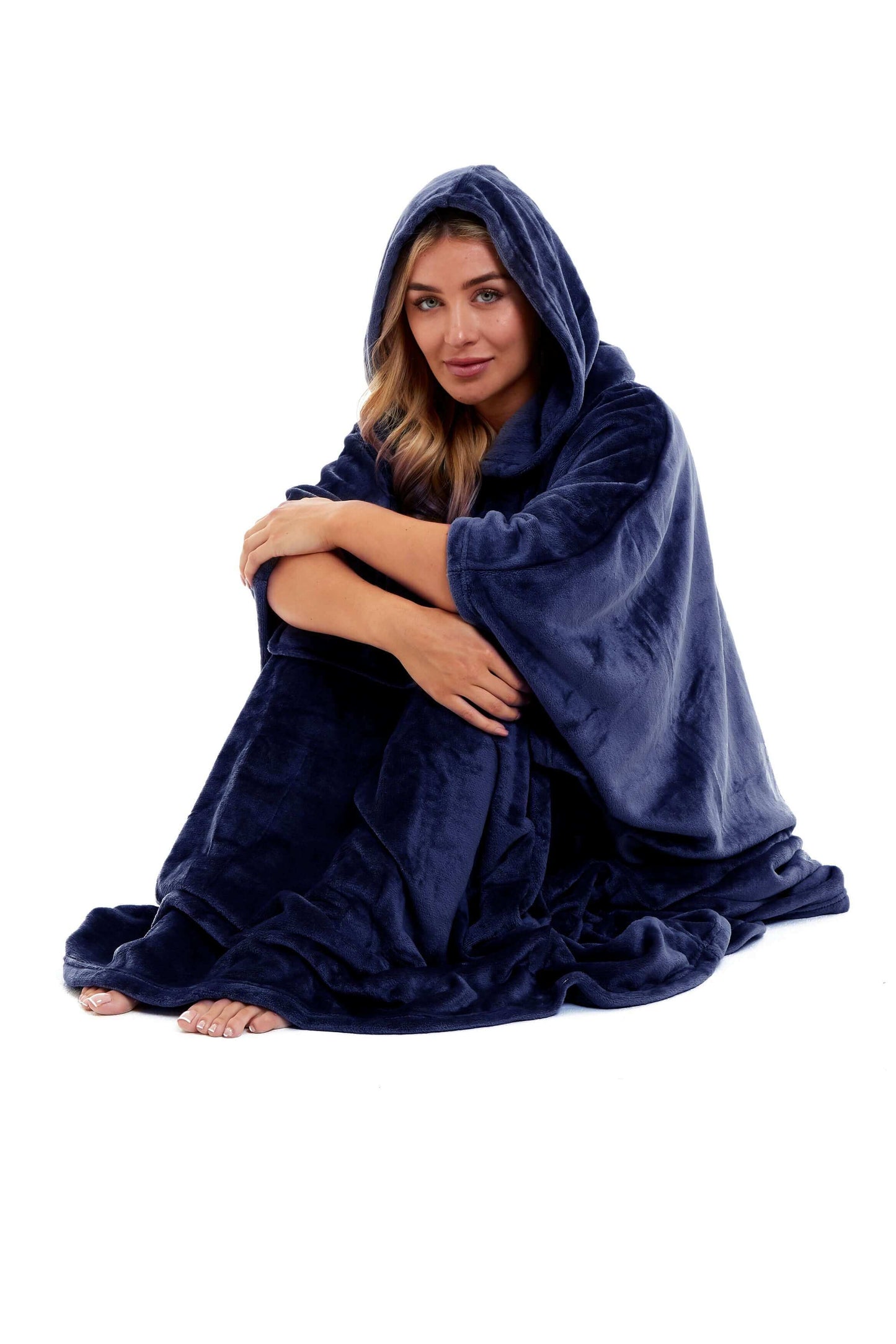 Women's Oversized Hooded Poncho Blanket, Navy & Charcoal. Buy now for £20.00. A Hooded Blanket by Daisy Dreamer. charcoal, clothing, comfortable, cosy, designer, dressing, flannel, fleece, fluffy, formal wear, girls, hooded, hooded blanket, hooded robe, h