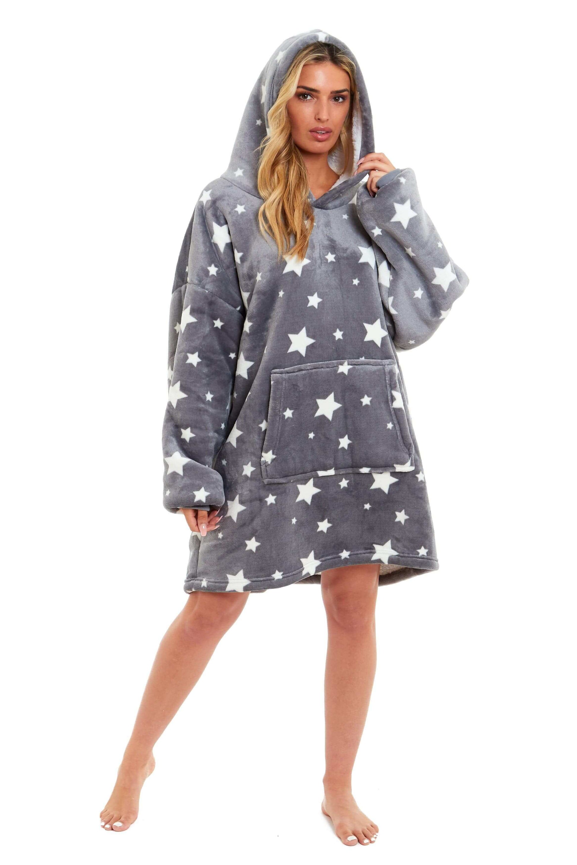 Oversized Grey Stars Hooded Blanket Ultra Soft Sherpa Fur Lining Plush Flannel Loungewear One Size Fits All for Adults and Kids by Daisy Dreamer. Buy now for £11.00.